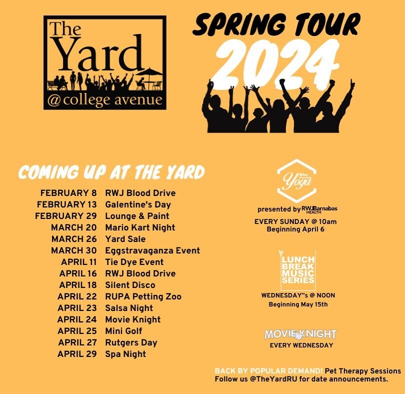 Join us this Spring semester for some amazing events at The Yard! Stay tuned for more information on these events on our Instagram and Facebook pages! 👀‼️
.
.
#theyard #theyardru #theyardrutgers #theyardatcollegeave #collegeave #newbrunswick #newbru