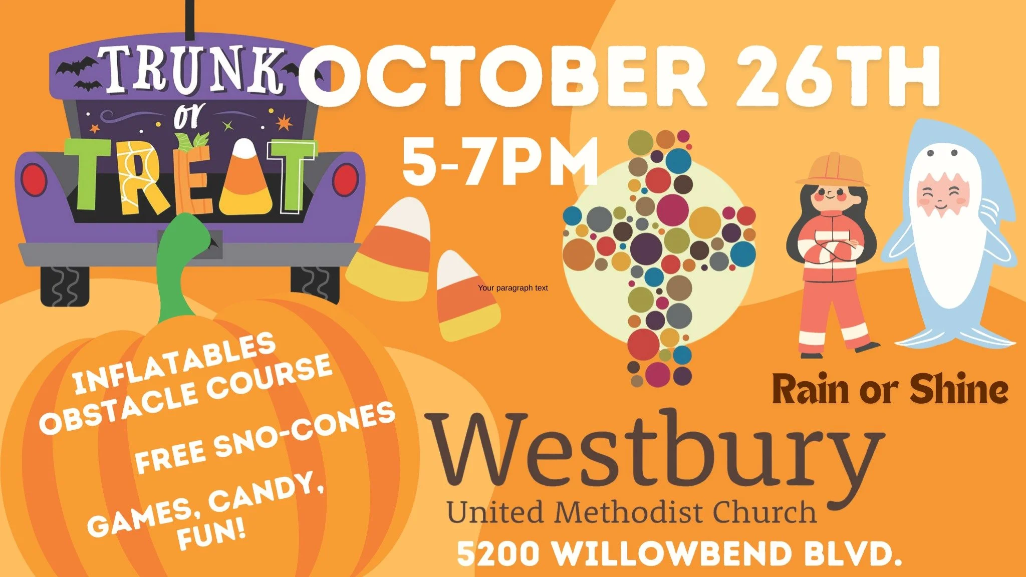 This Sunday from 5&ndash;7 PM &mdash; rain or shine &mdash; our parking lot is transforming into a fall wonderland for Trunk or Treat! 🎃🚗🍬 Bring your kids, invite your friends and neighbors, and come ready for an evening packed with decorated trun