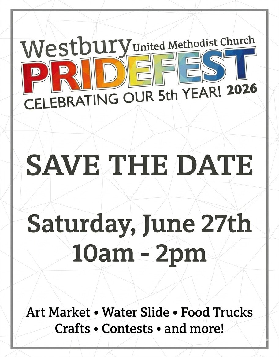 We&rsquo;re excited to celebrate 5 years of PRIDEFEST at Westbury United Methodist Church! 🌈✨

📅 Saturday, June 27 
⏰ 10 AM &ndash; 2 PM

Expect a joyful day filled with an art market, water slide, food trucks, crafts, contests, and so much more.
A