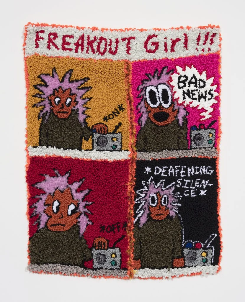 Freakout Girl VS The News Cycle Wool, acrylic, polyester and burlap 47” x 37” 2019