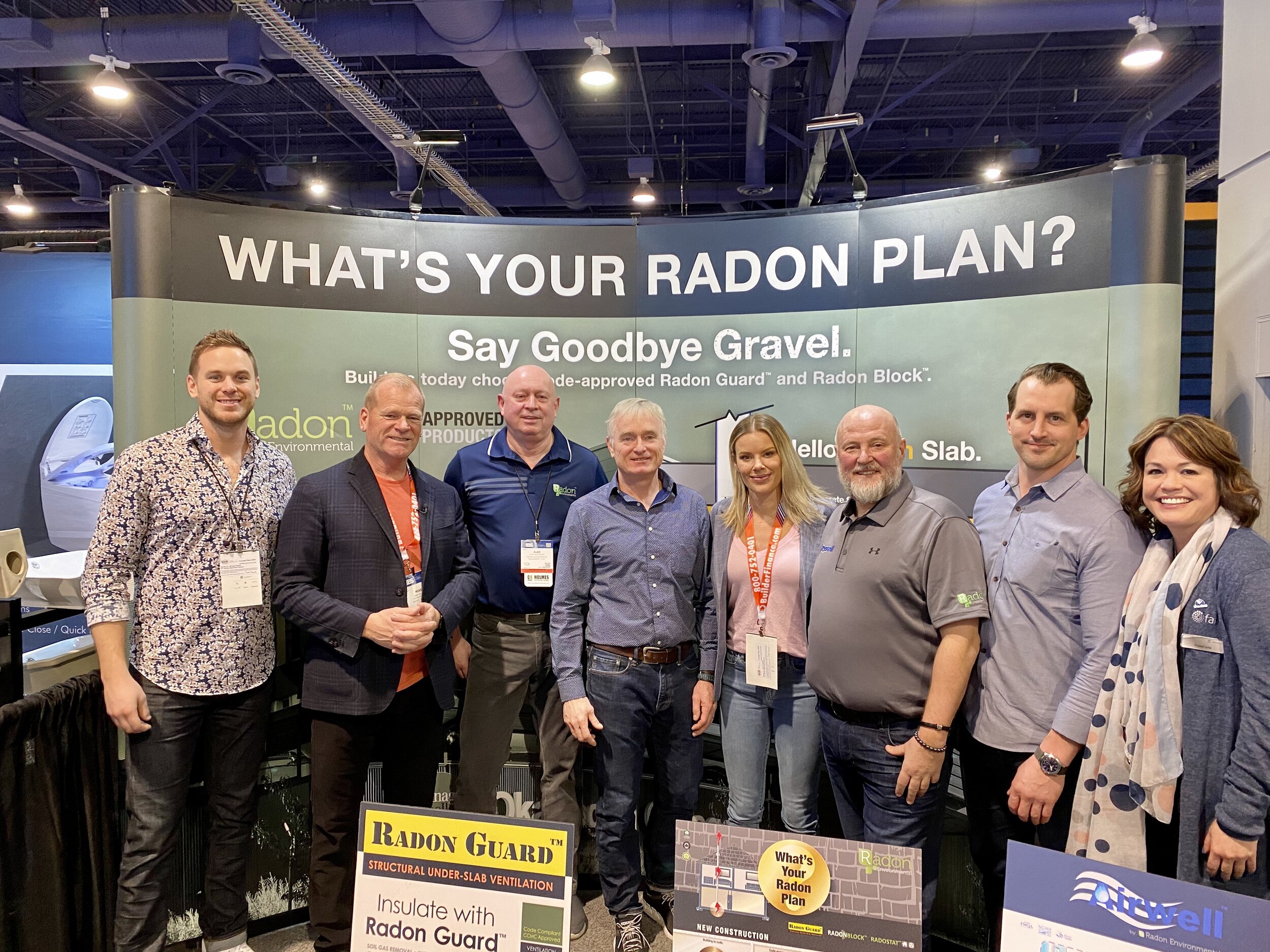  L to R: Mike Holmes Jr, Mike Holmes, Alan Whitehead (President, Radon Environmental), Bob Deeks (President, RDC Fine Homes), Sherry Holmes, David Innes (Director of Sales, Radon Environmental), Mark Lehouillier (President, West Ridge Fine Homes), an