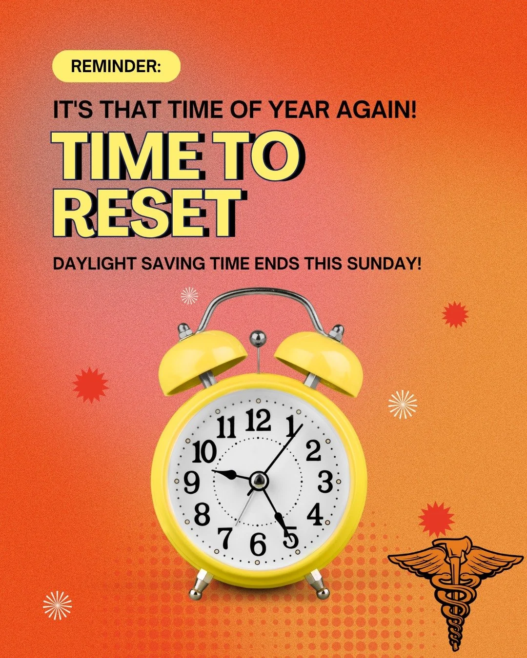 Time to &ldquo;fall back&rdquo;! 🍂
Daylight Saving Time ends this Sunday &mdash; remember to set your clocks back an hour and enjoy that extra sleep. 😴☕
#FallBack #ExtraHour #DaylightSavingTime