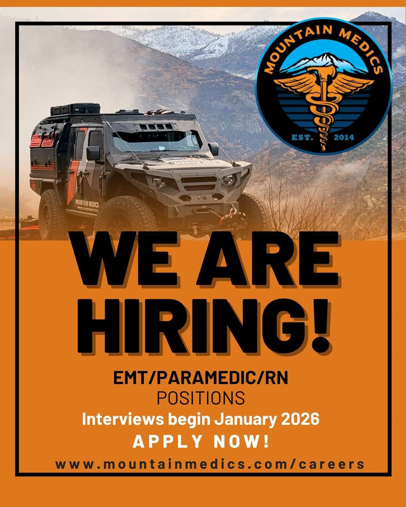 🚑 Join Our Team! 🚑

Mountain Medics is hiring EMTs, Paramedics, and RNs! If you thrive in challenging environments and have skills in rope rescue, confined space operations, or all-terrain driving, we want you.

Interviews start next week&mdash;don