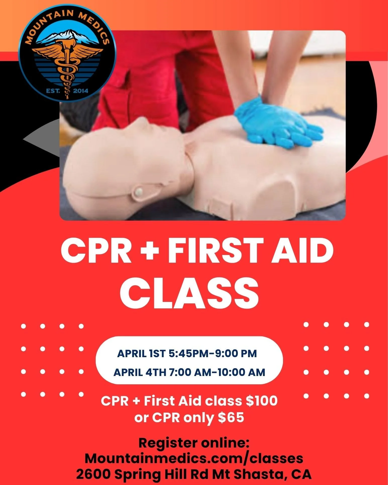 Mountain Medics is proud to offer CPR + First Aid classes! 🚑

These courses are perfect for coaches, teachers, or anyone needing to renew their current CPR certification.

We&rsquo;re offering two flexible options:
&bull; CPR + First Aid
&bull; CPR 