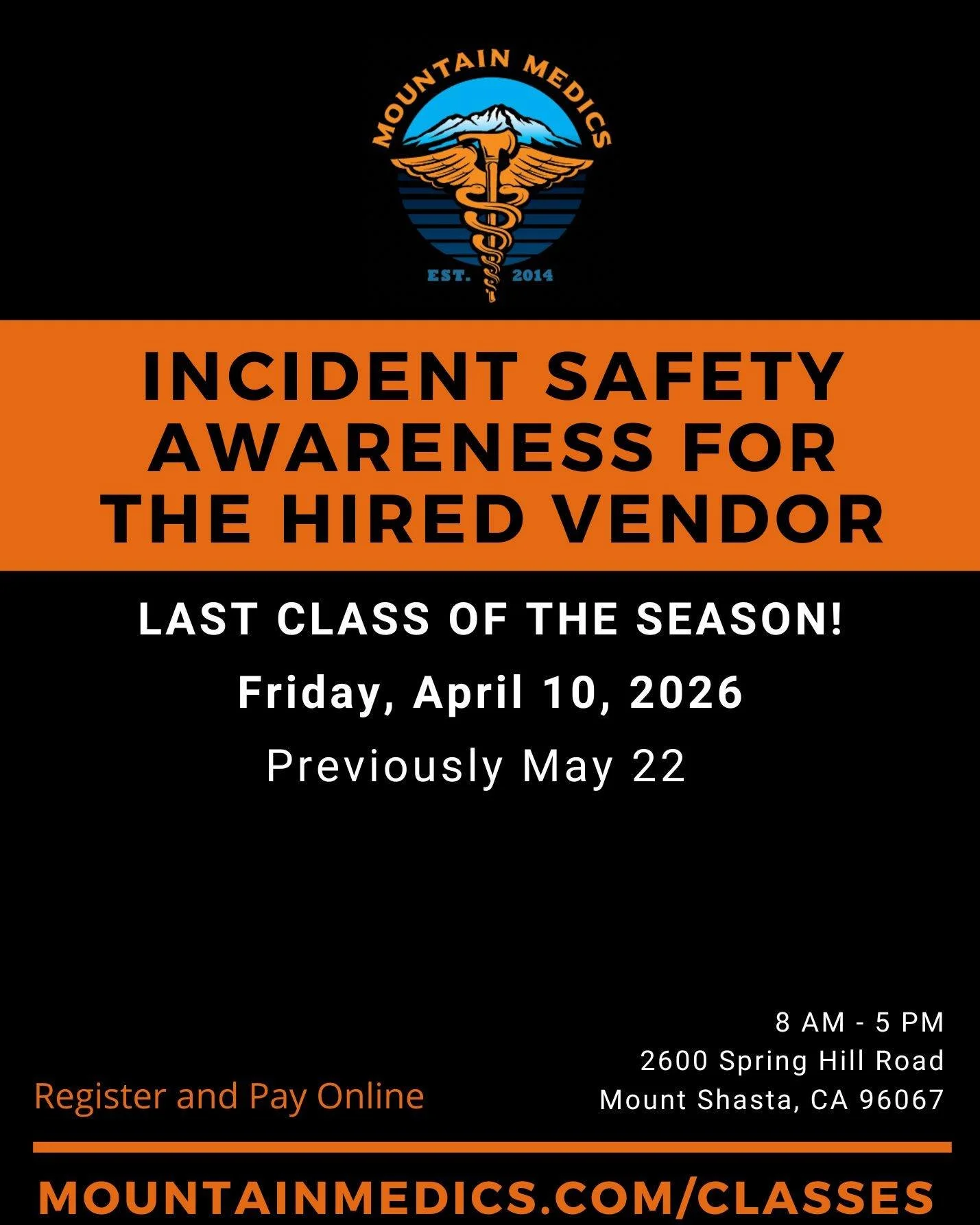 🚨 Schedule Update 🚨

Our last class of the season has been moved up from May 22 &rarr; April 10 to help everyone be better prepared for the upcoming fire season. 🔥
Register online: Mountainmedis.com/classes

Spots are limited&mdash;make sure you&r