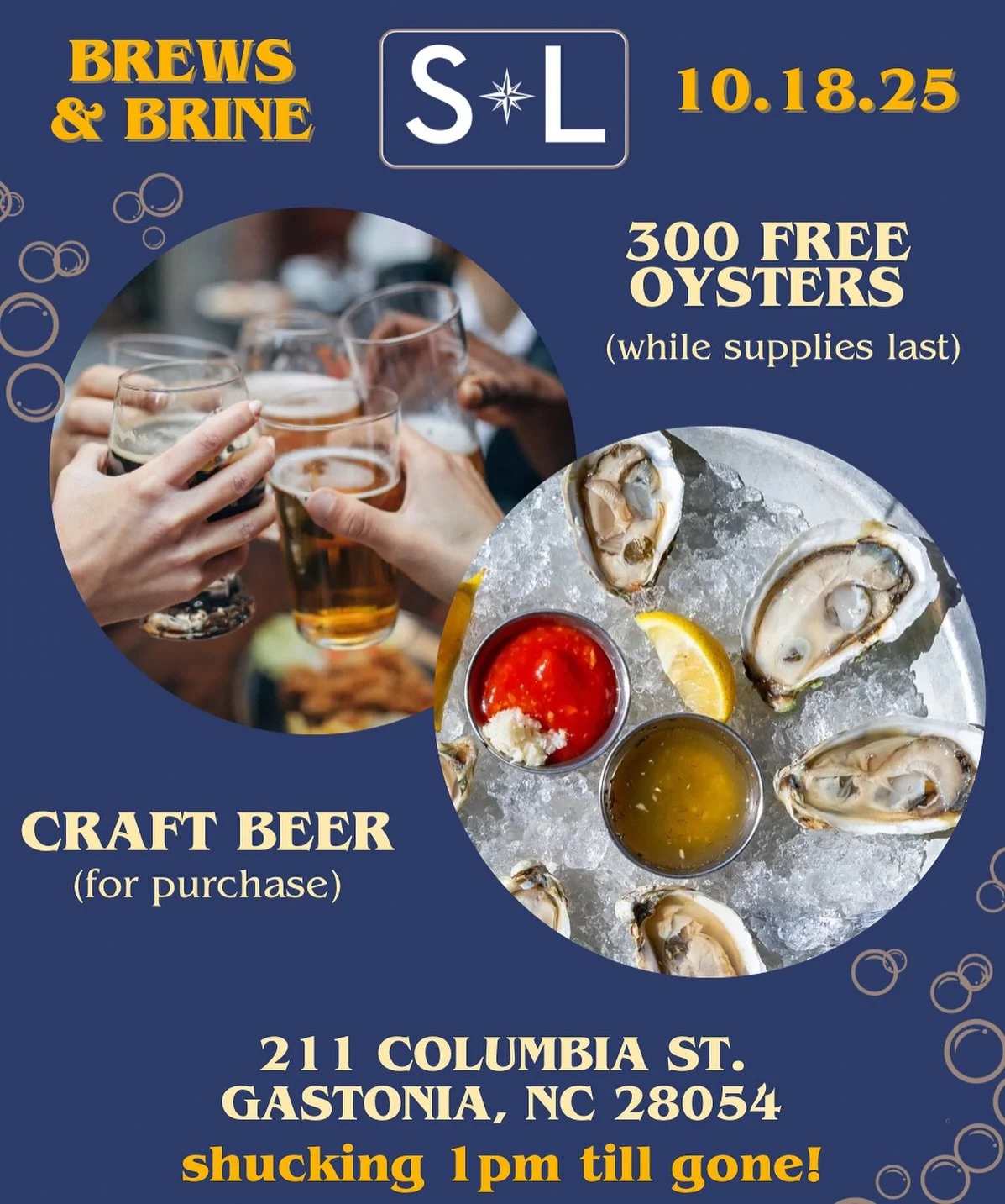 🦪 300 FREE OYSTERS 🦪

This Saturday, October 18th, join us at this Gastonia brewery for a day of oysters, craft beer, and fun! We'll be shucking from 1pm until they're all gone! Don't miss out on the shell-ebration! SEA you at 211 Columbia St., Gas