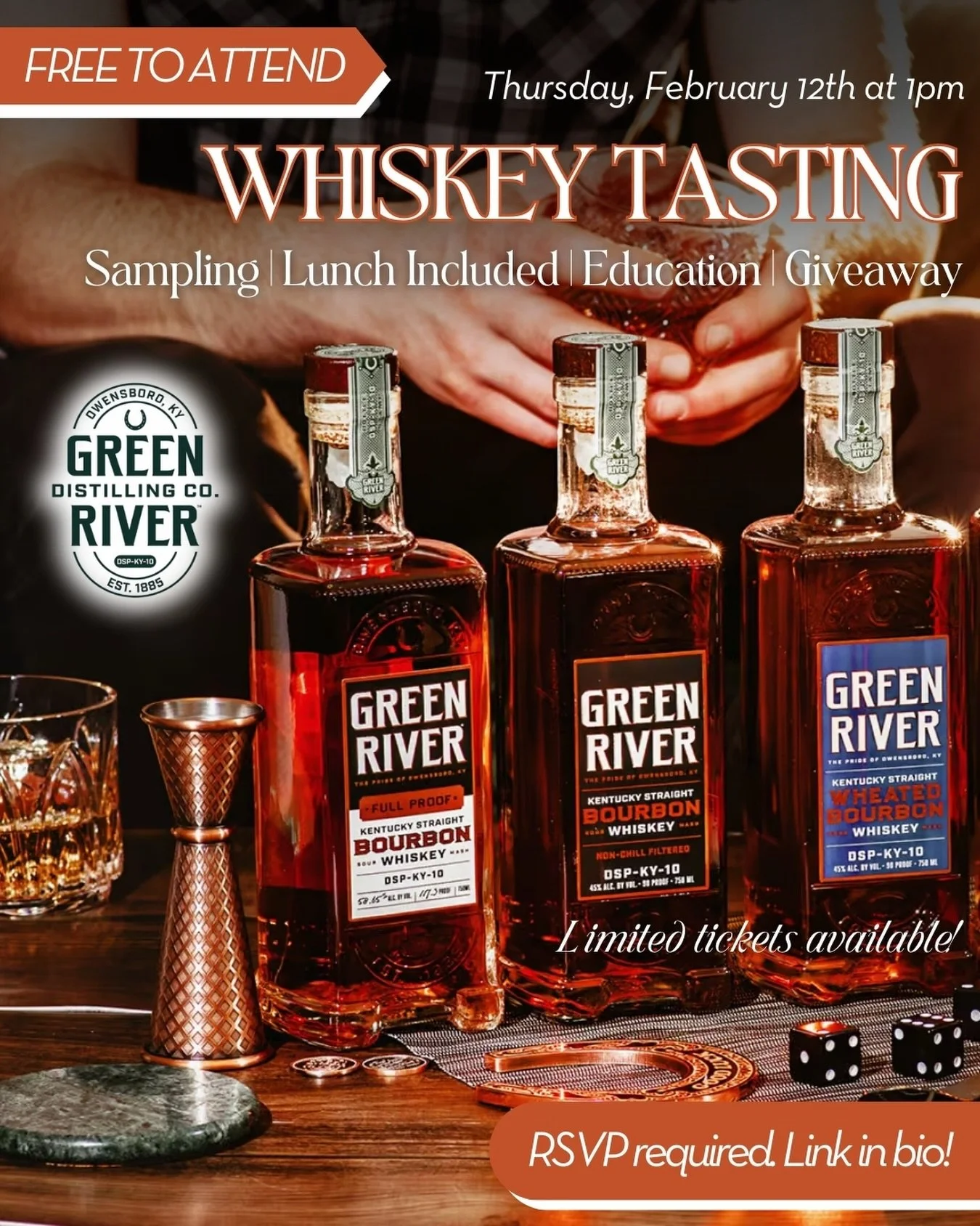 Free whiskey? Say less. 🥃

We&rsquo;re teaming up with Green River Distilling Co. for a FREE tasting this Thursday, Feb. 12 at 1PM. Sample multiple varietals, learn what makes each pour special, enjoy a light lunch on us, and snag some branded swag 