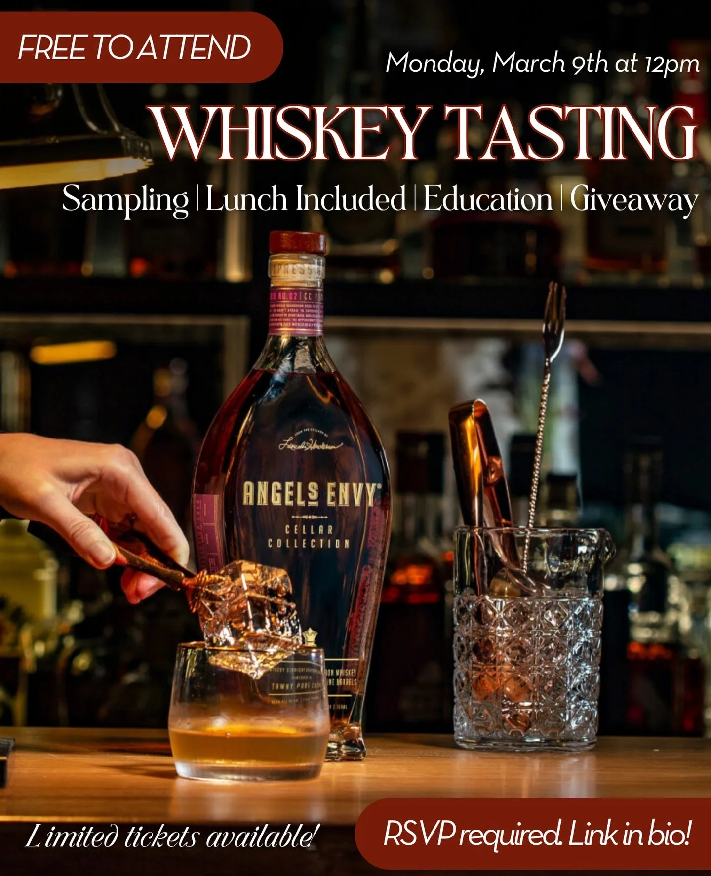 Join us for a free whiskey tasting through the Angel&rsquo;s Envy portfolio, led by brand and port expert DiSean Burns. 

We&rsquo;ll explore a premium lineup featuring the Single Barrel, Triple Oak, Rye, and classic Bourbon. To conclude the session,