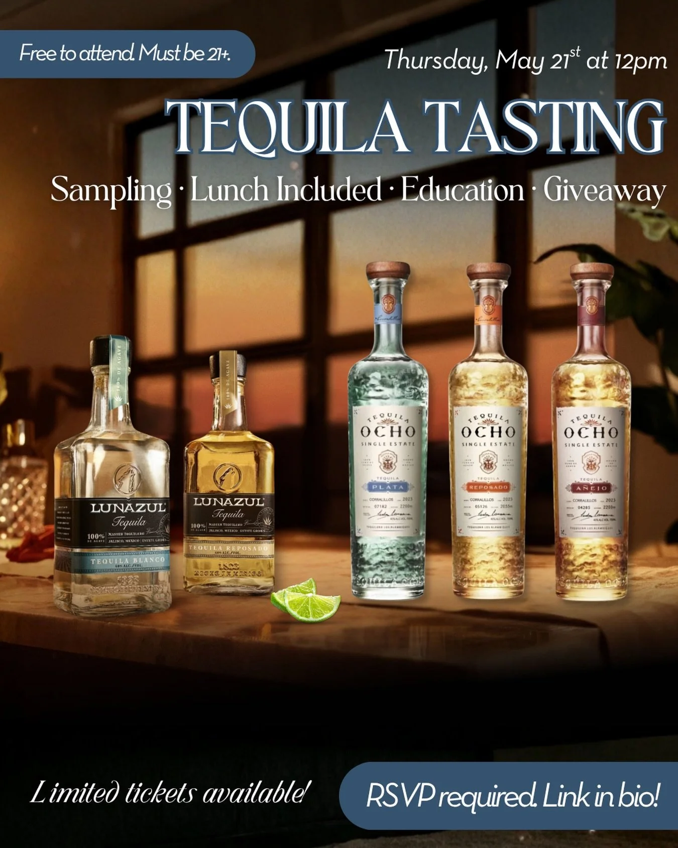 Join us Thursday, May 21st from 12-2pm, for a deep dive into the world of agave. We&rsquo;re hosting a special Tequila Tasting featuring two of our favorites: Lunazul and Tequila Ocho.

We&rsquo;ll be joined by a Heaven Hill Ambassador for a guided t