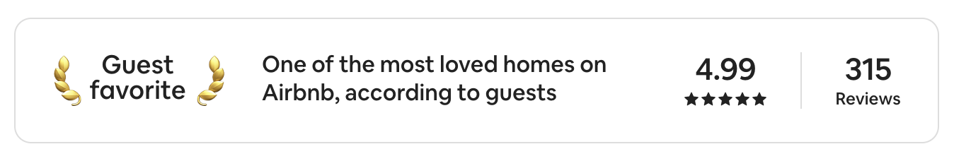 A badge from Airbnb showing The Carriage House has 5 stars with over 300 reviews. It is designated as a guest favorite as one of the most loved homes on Airbnb according to quests.