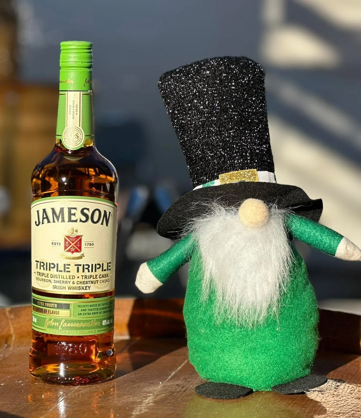 St. Patrick&rsquo;s Day vibes turned all the way up&mdash;Jameson Triple Triple, sunshine, and a lucky little gnome keeping watch over the good pours. ☘️
#StPatricksDay #TripleTriple #LuckySips