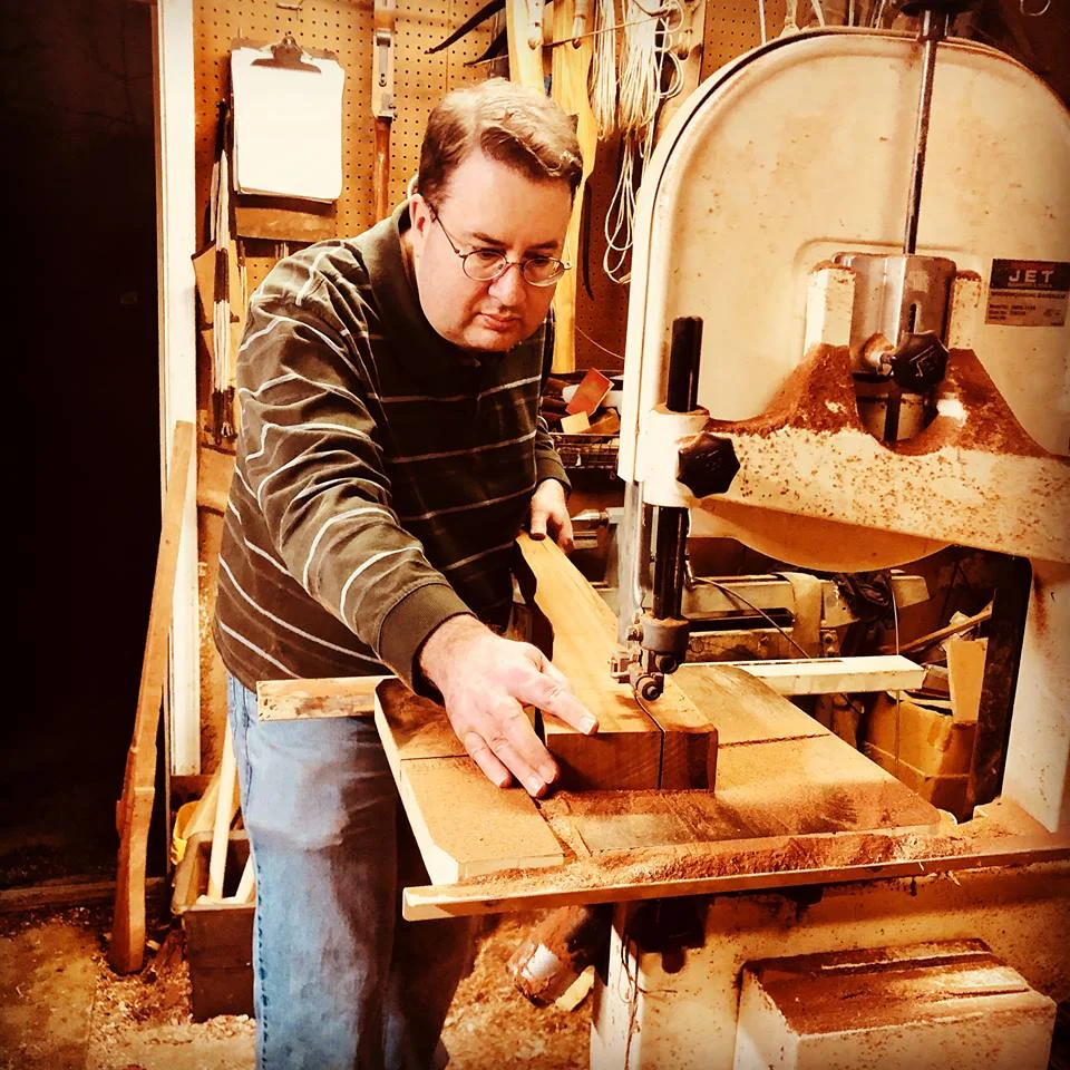 Cory Krug cutting out 17th century musket props