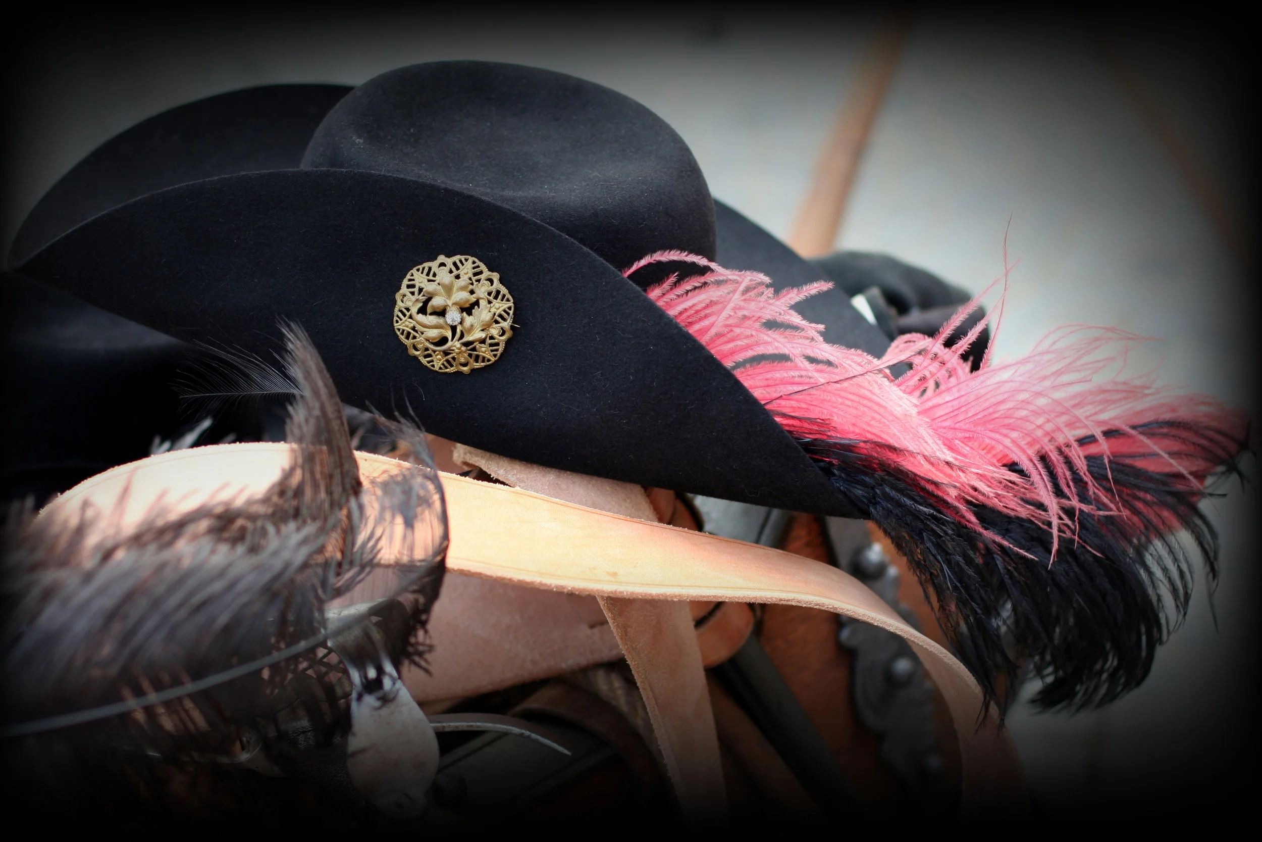 A fine hat resting on a sword baldric.