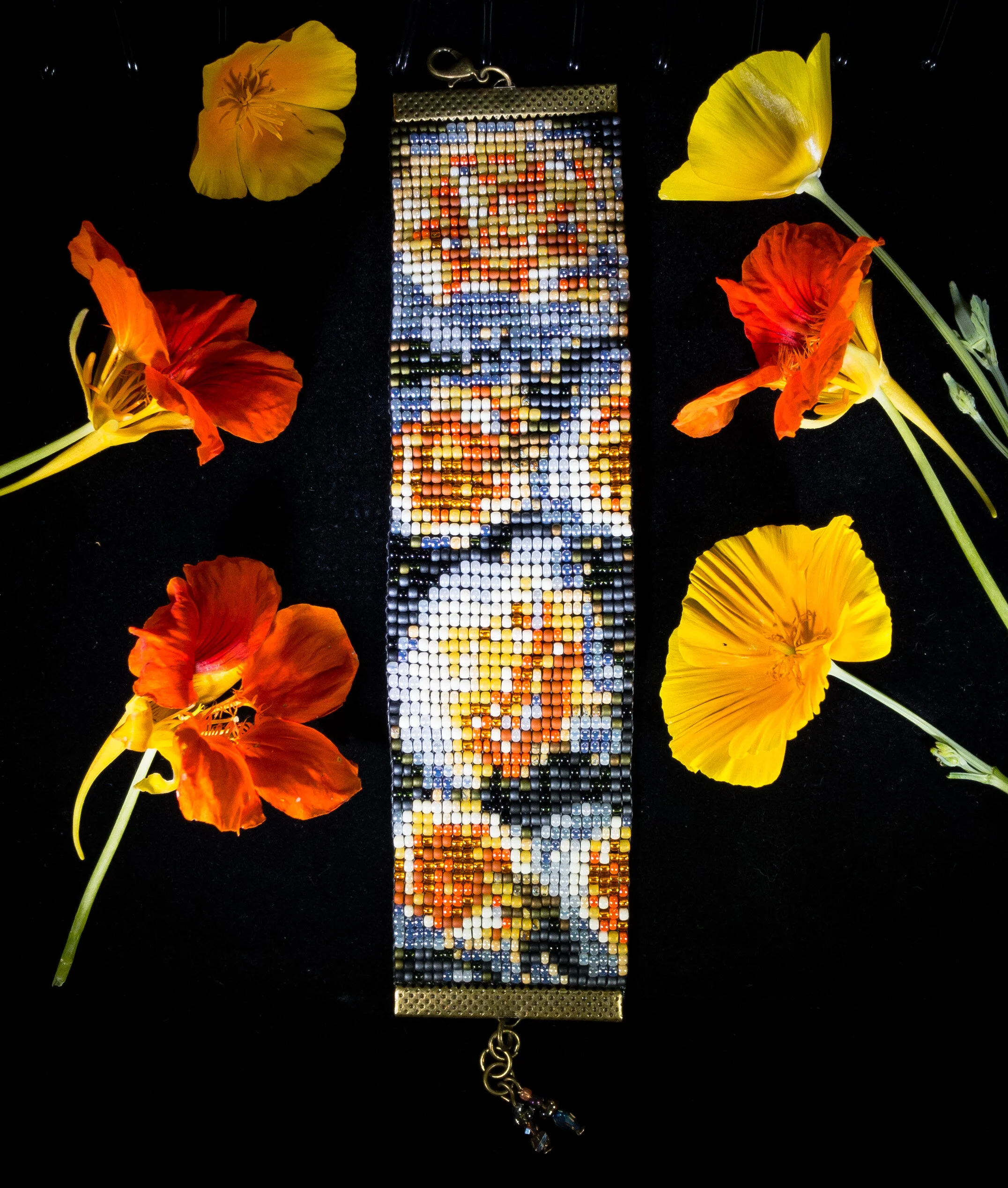 Orange and Yellow Flowers Woven Beaded Bracelet