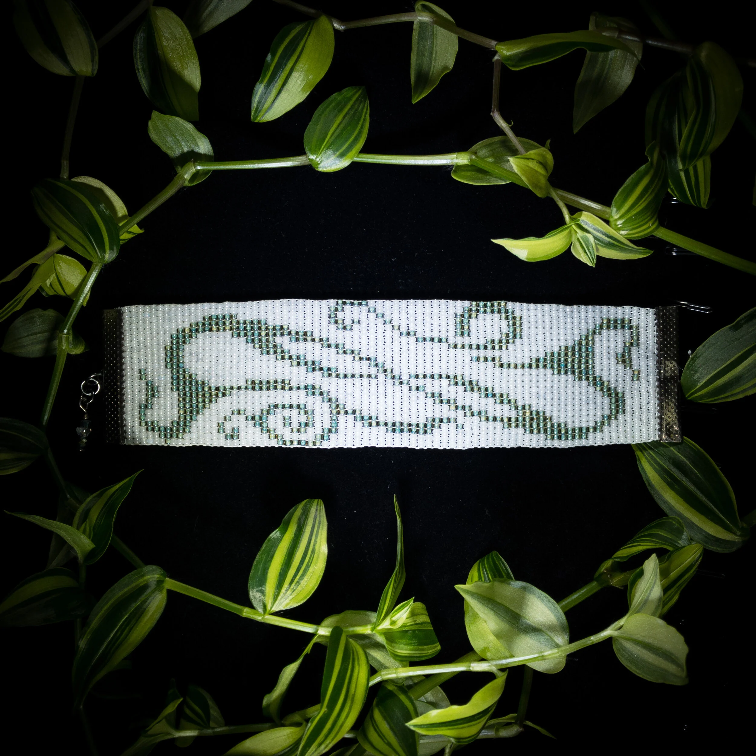 White with Green Swirling Vines Woven Beaded Bracelet