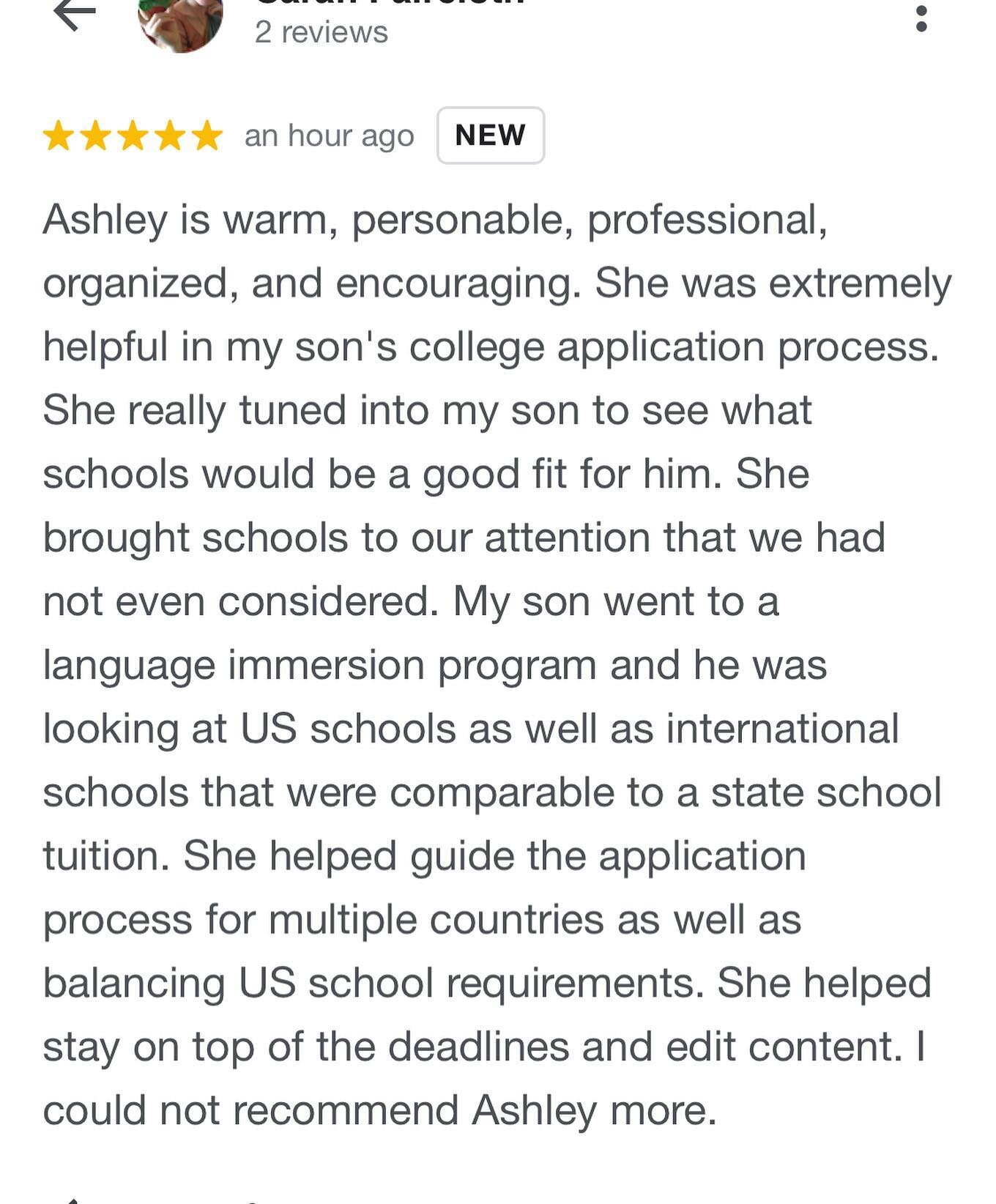 Love hearing from the families I have worked with! #internationalcollegecounseling #collegeconsulting #educationalconsultant #collegecounselor #positivefeedback