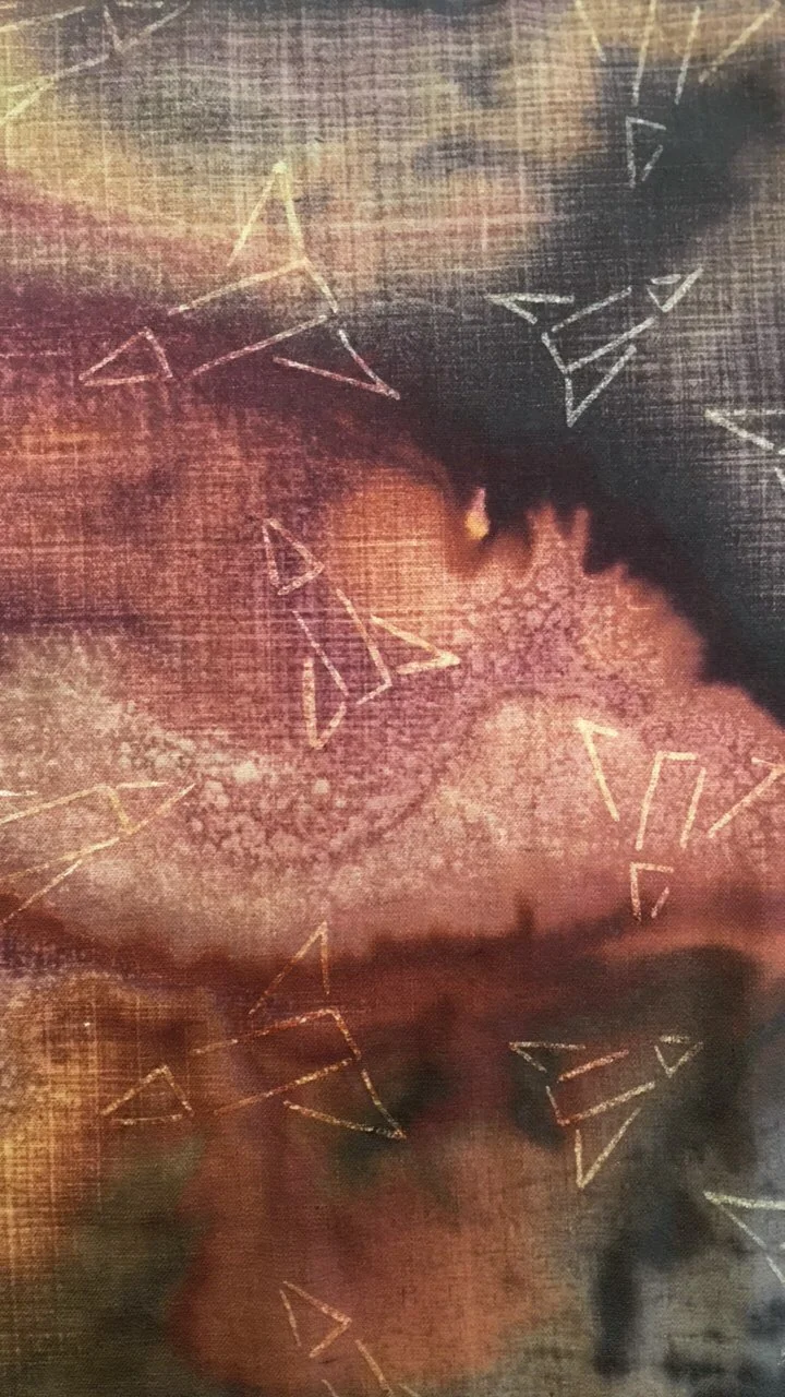  Dextrine Resist, Polychromatic screen printing technique, texicole reactive dyes // Half drop repeat on Linen 