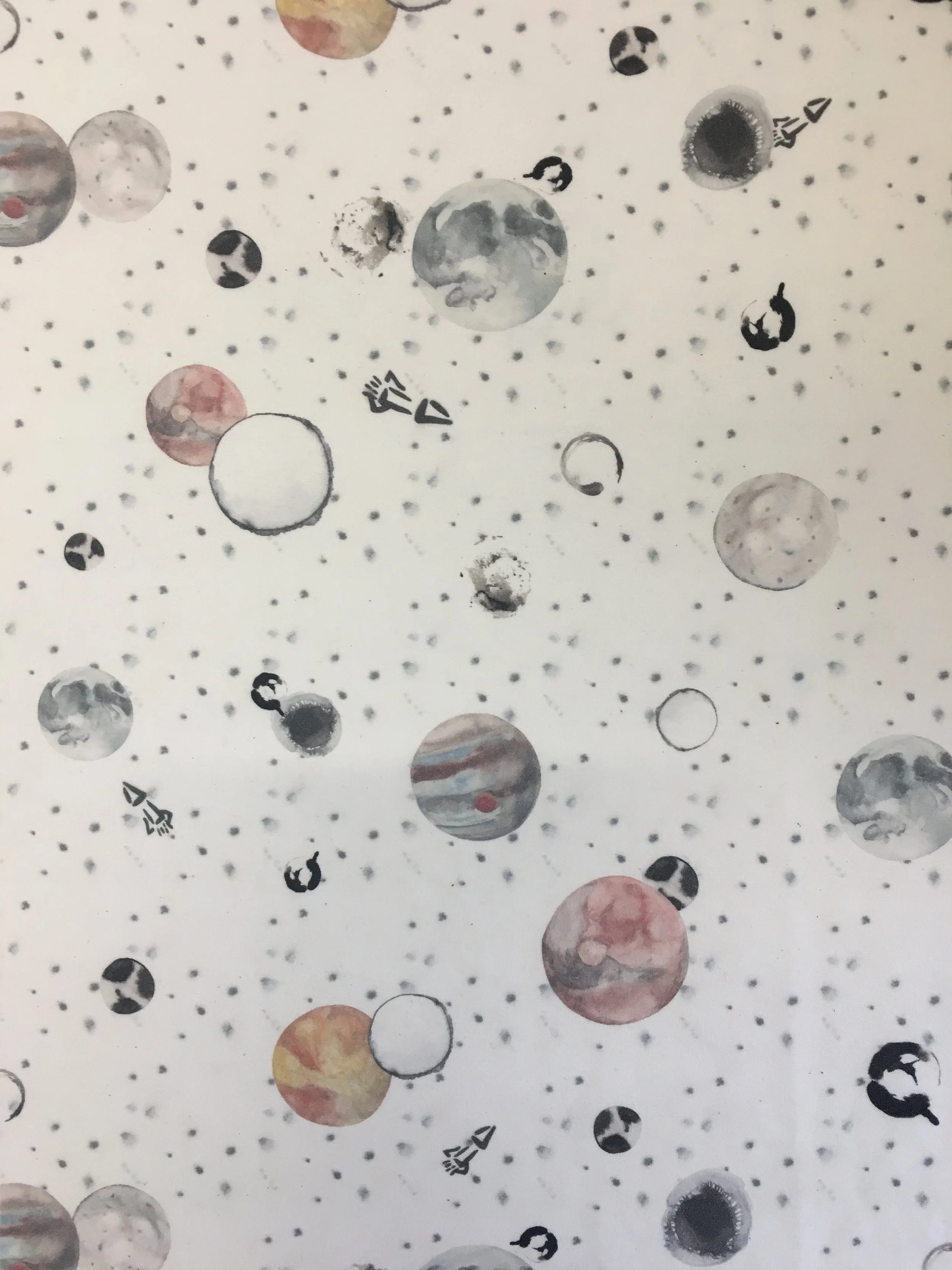  Watercolor, Ink and pens, Photoshop manipulated, digitally printed on Jersey knit // Half drop repeat 64x64cm 