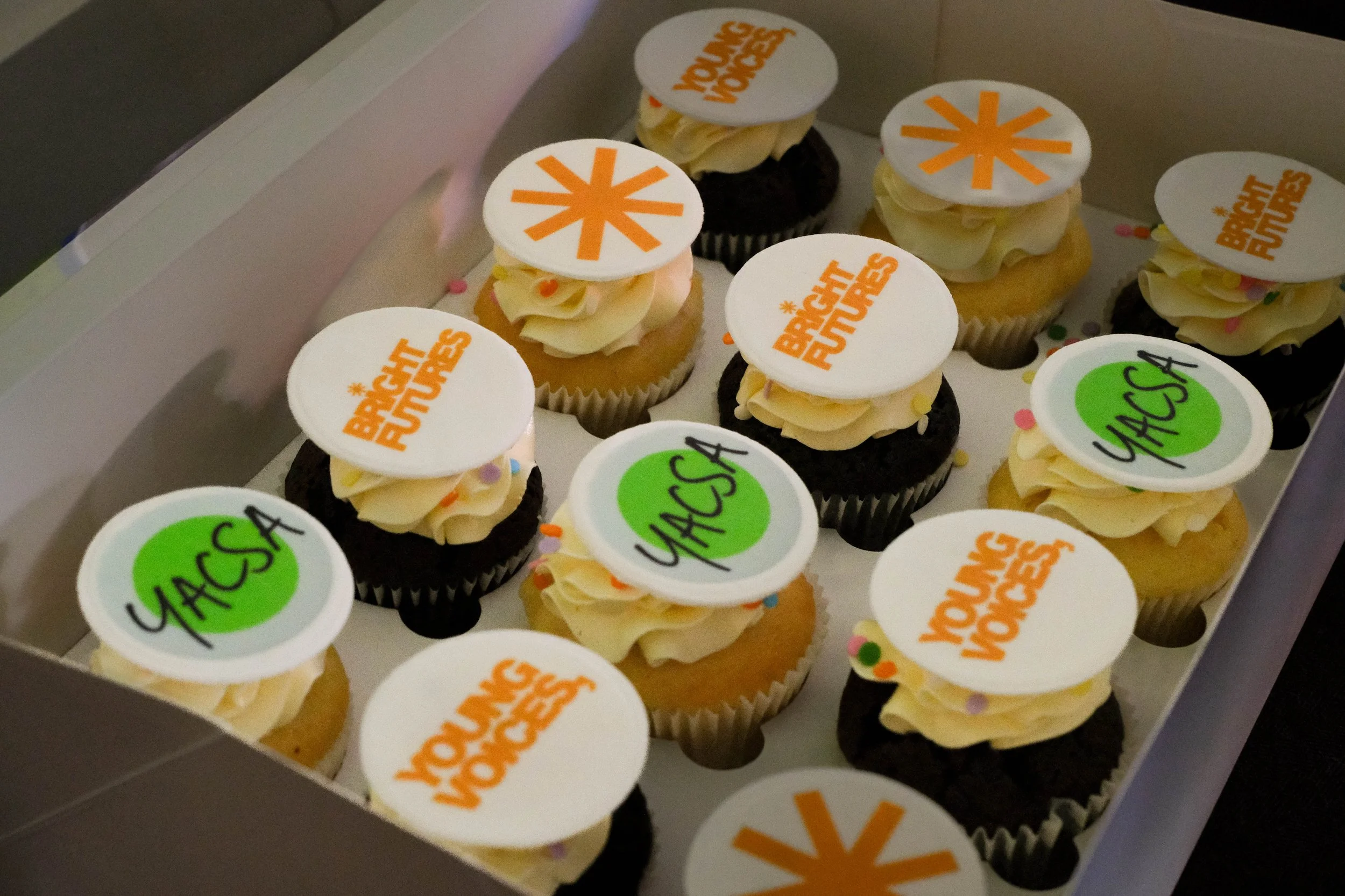 Chocolate and Vanilla cupcakes with white icing, rainbow confetti sprinkles and circular toppers