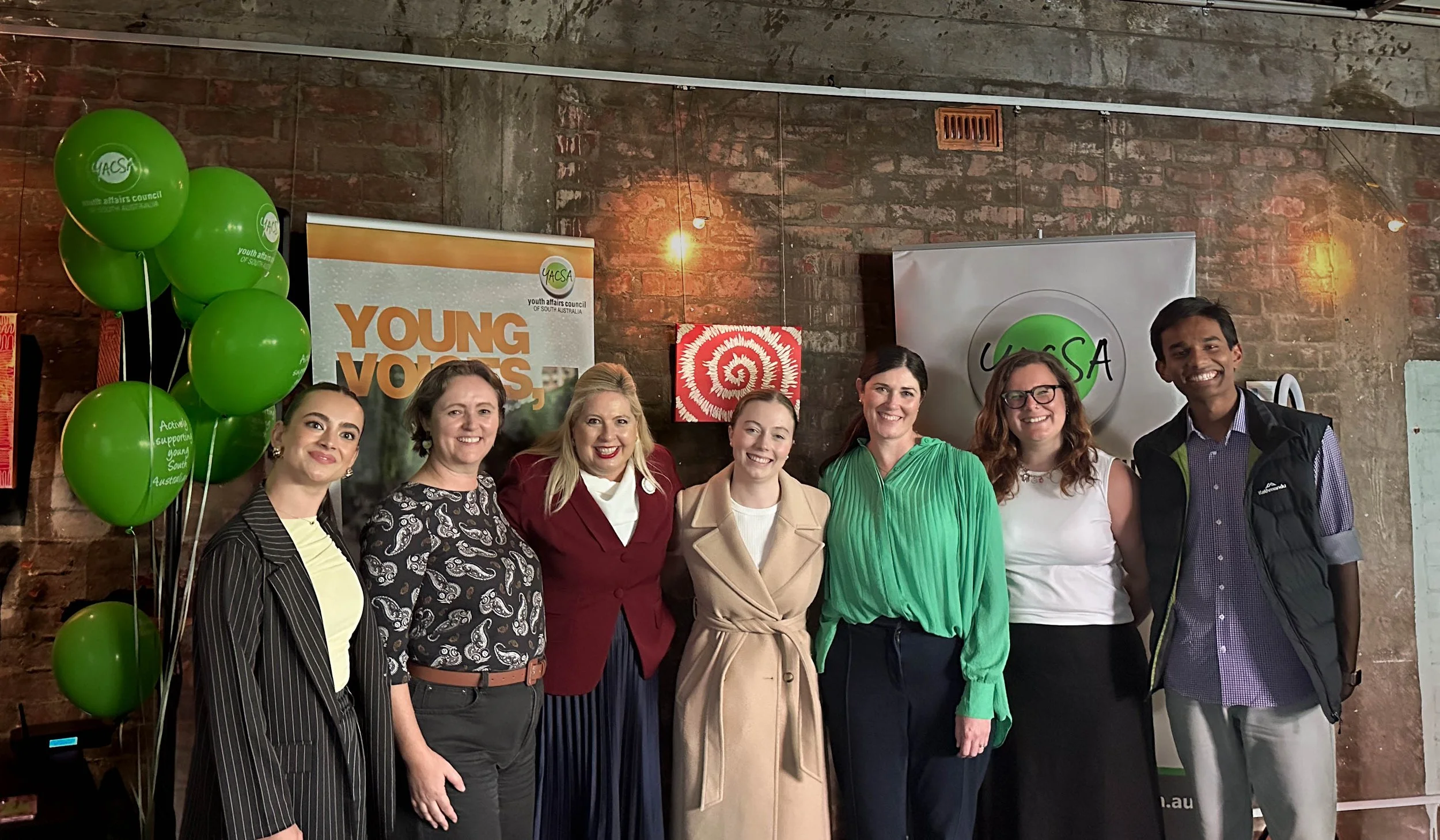 Left to right: MC and youth curation group member, Jess, Hon Melanie Selwood MLC, Hon Katrine Hildyard MP, Senator Charlotte Walker, YACSA CEO Natalie Matulick, YACSA President Claire Coleman, youth curation group member, Abinav
