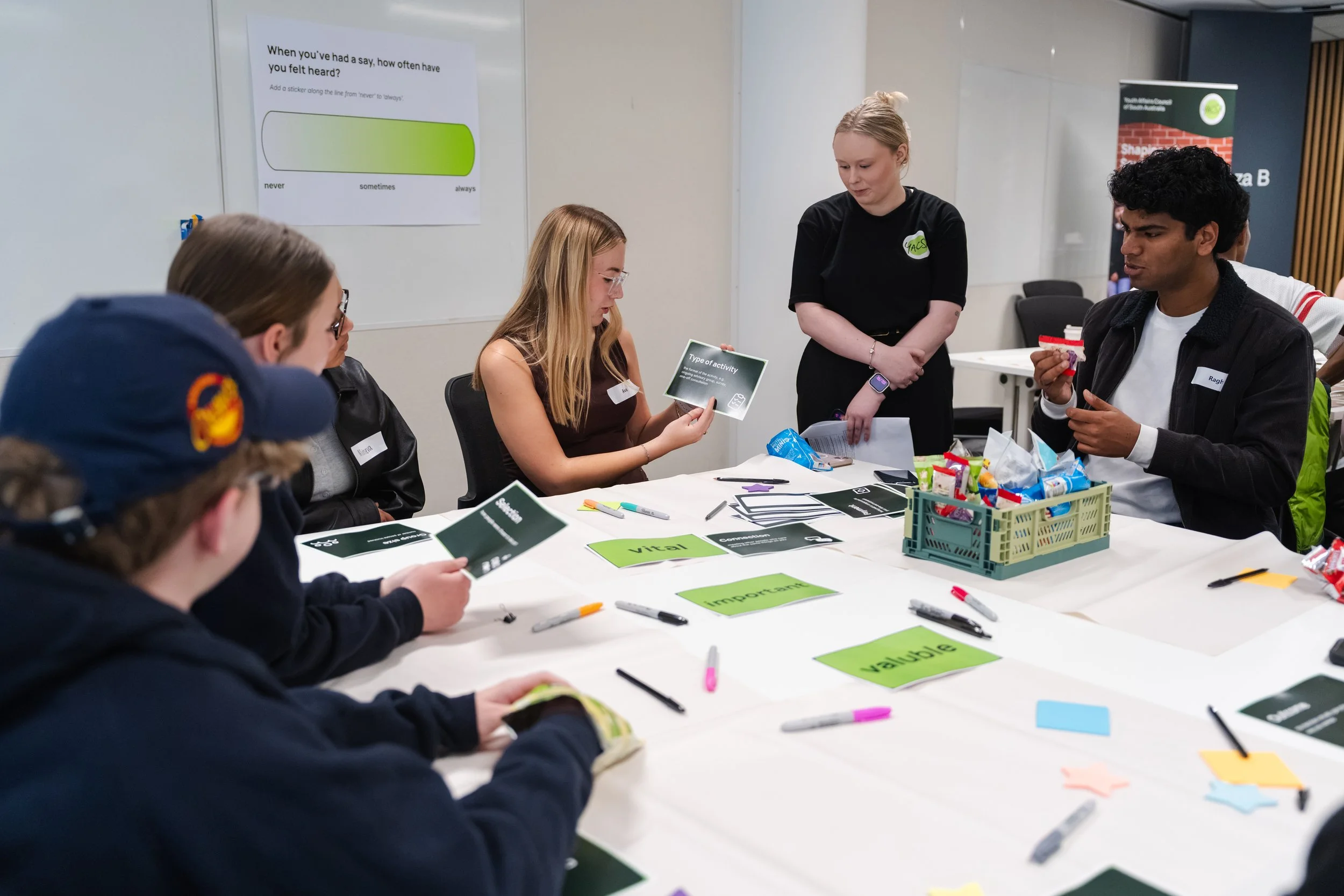 Young people work on workshop activity at table with dark and bright green A5 cards.