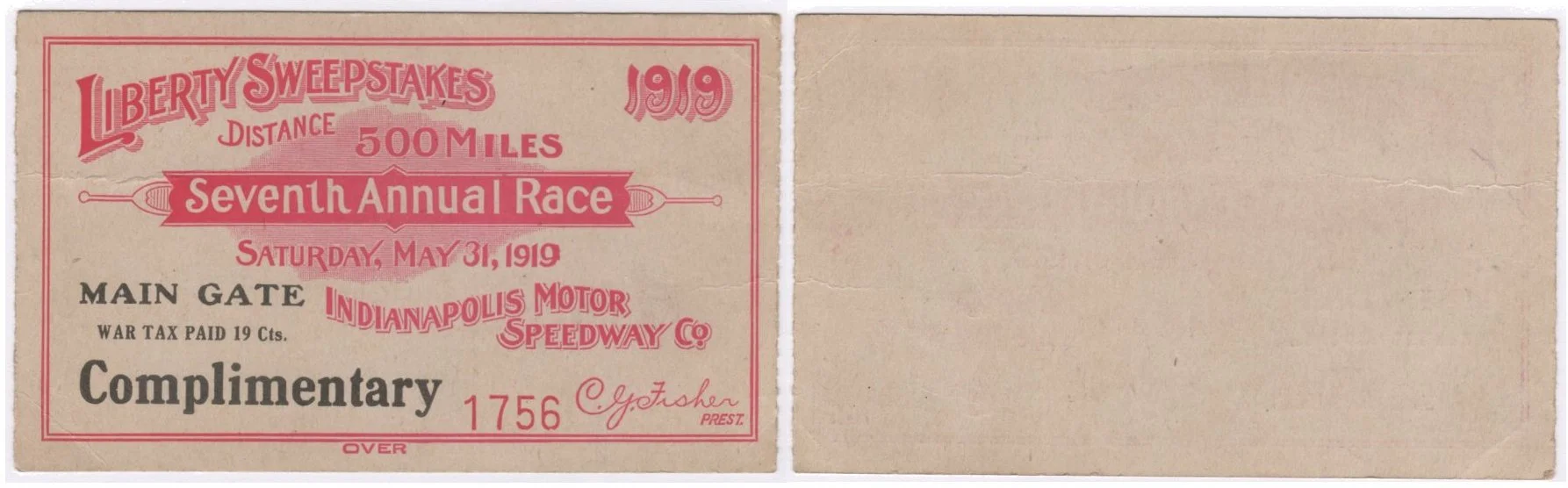 Note the large portion of the Complimentary ticket above states: "WAR TAX PAID 19 Cts.". It is assumed the large portion of a grandstand ticket would have had the same statement. The smaller “Complimentary” ticket above right would’ve been attached to the right side.