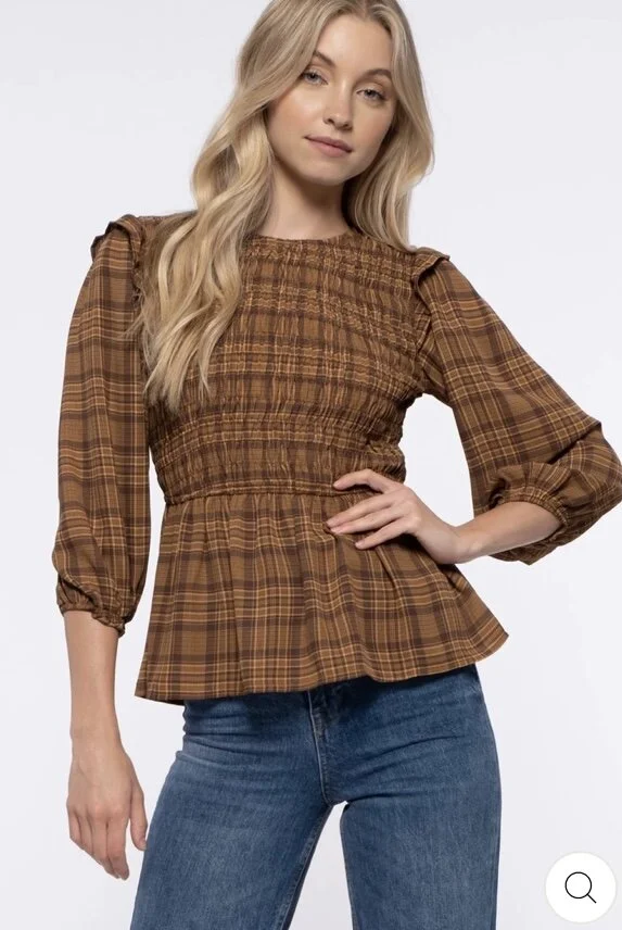 Brown Plaid Peplum Top