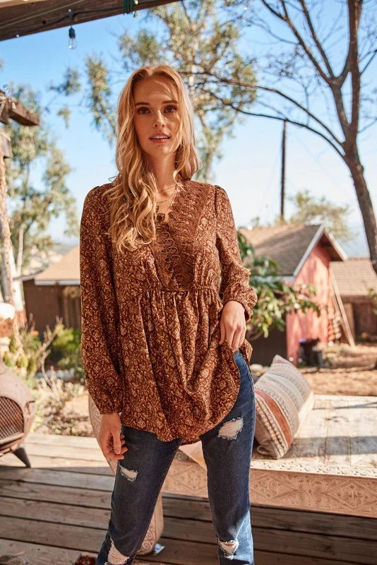 Brown Floral Top with Lace Neckline