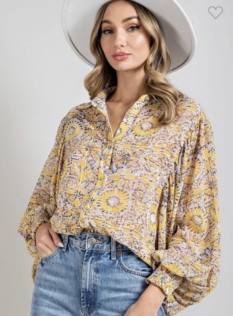 Printed Button Front Blouse Top