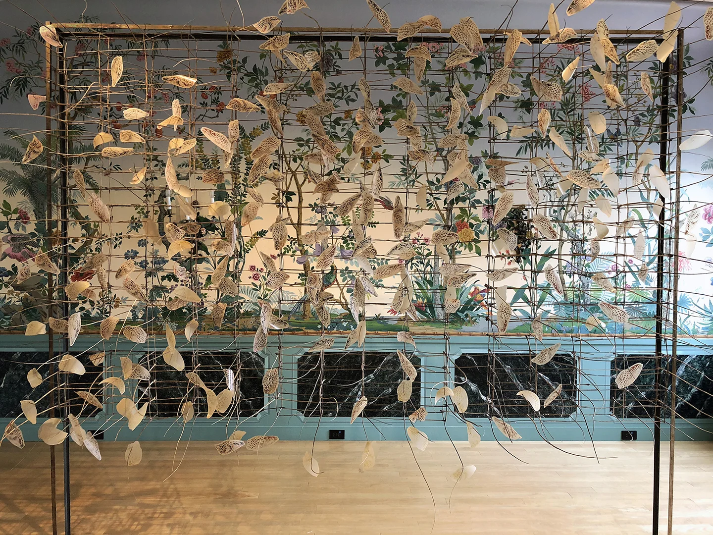Installed: Tree of Heaven Sumac stems, laser-cut woodblock print on brown line mylar, steel, 8'h x 10'w x 4'd 2018