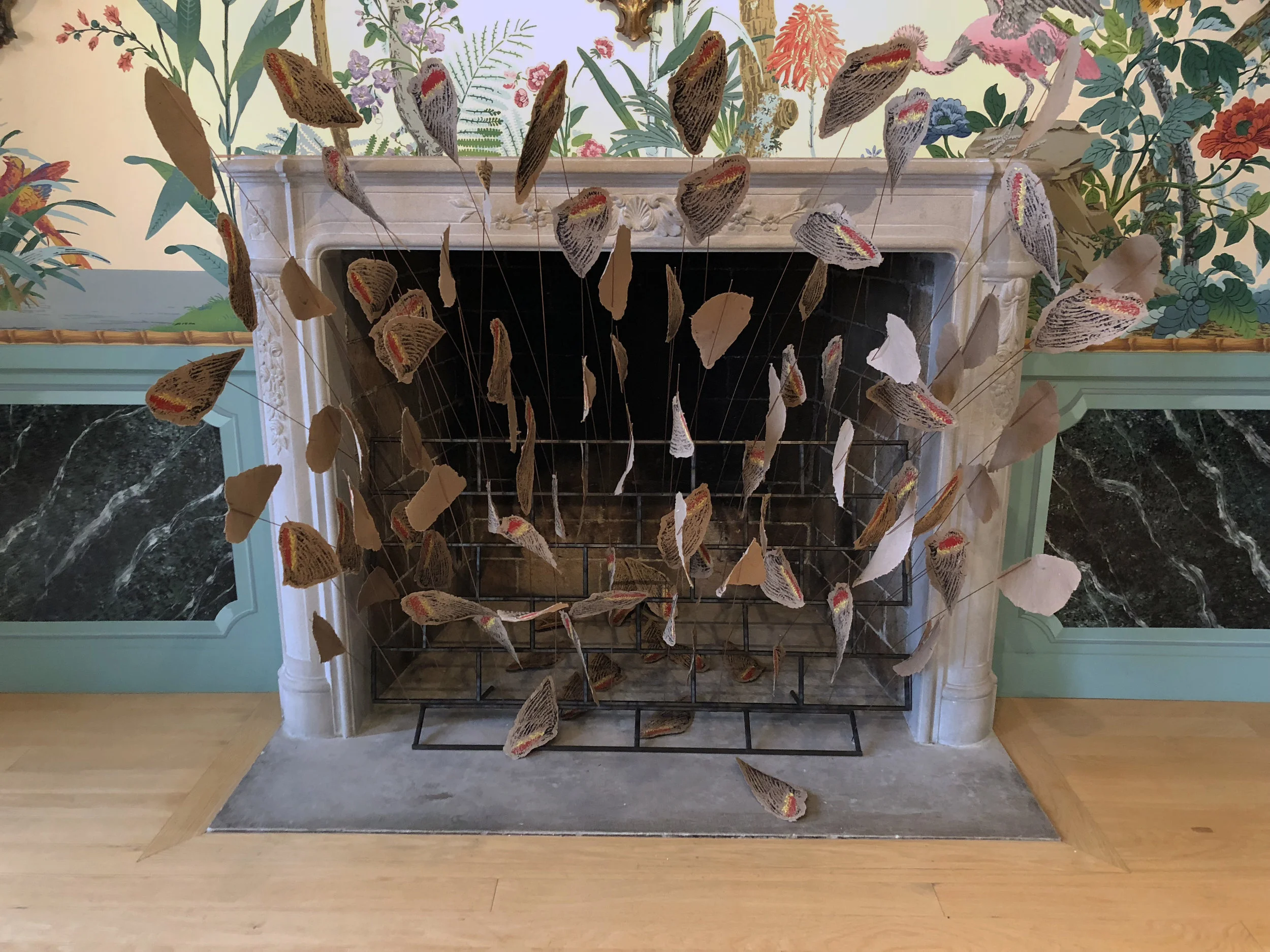 THE LIMITS OF PARADISE II, site-specific installation: laser-cut woodblock print on handcast paper, steel 54"h x 45"w x 30"d 2018 shown in the Zubar wallpaper room of the Villa Terrace Museum of Decorative Arts, “Look Here” exhibition