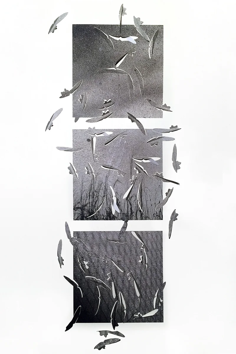 17-19-13 LEAFLETS triptych, cut photographic film, 95"h x 40"w x 2"d 2017