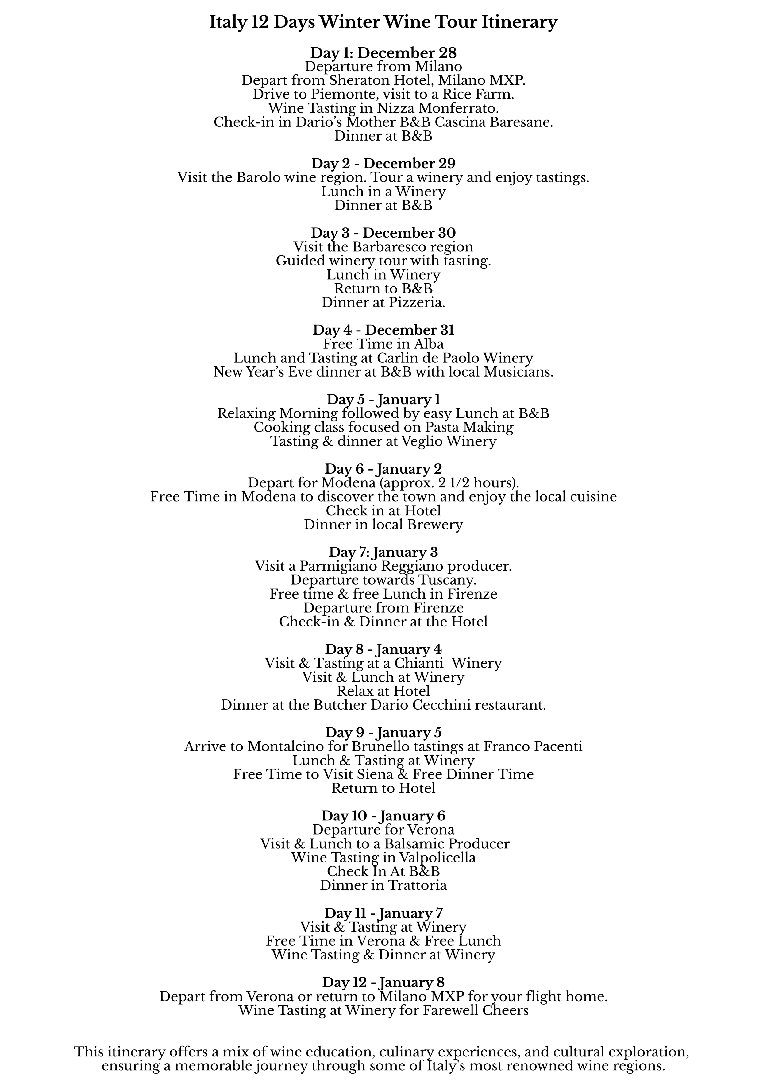 Text itinerary for a 12-day winter wine tour in Italy, detailing daily activities including visits to vineyards, wineries, regions, and dining arrangements from December 28 to January 8.