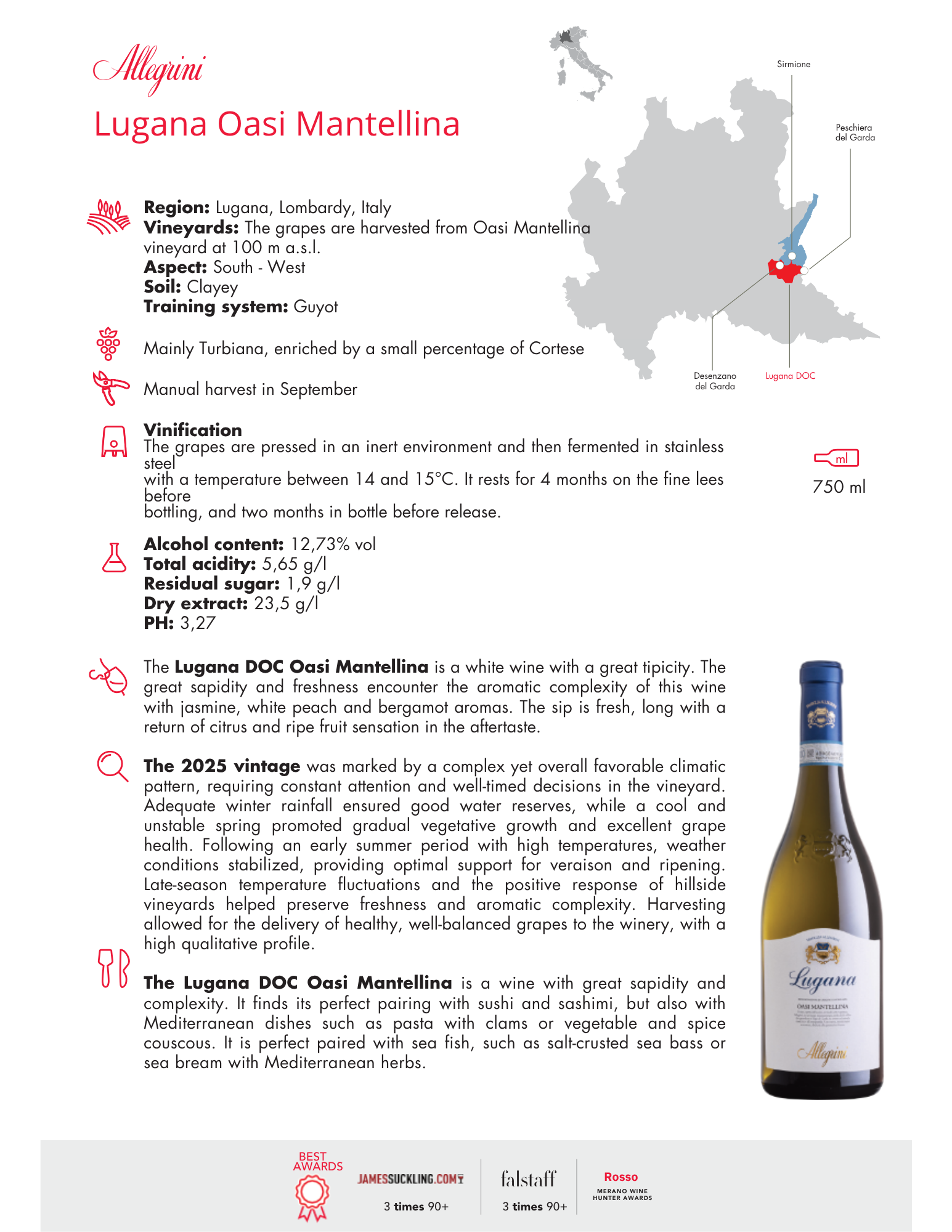 Wine label and information about Lugana Oasi Mantellina, a white wine produced in Lugana, Lombardy, Italy, with details on vineyards, vinification process, alcohol content, acidity, residual sugar, and flavor profile, alongside a map of the region.