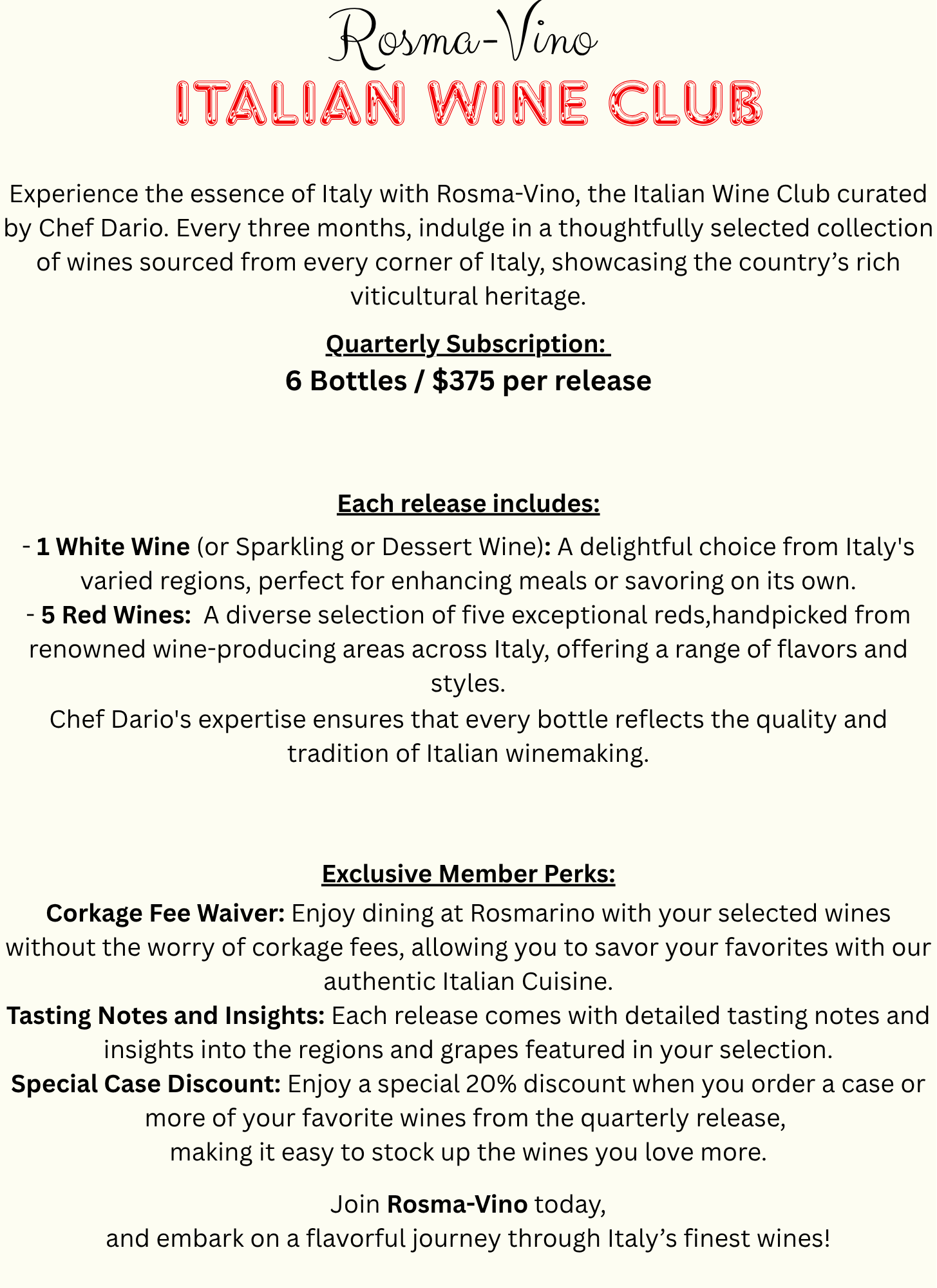 A flyer for Rosma-Vino Italian Wine Club, featuring details about monthly wine subscription, including red, white, sparkling, or dessert wines, with information on exclusive perks like corkage fee waiver, tasting notes, and discounts.