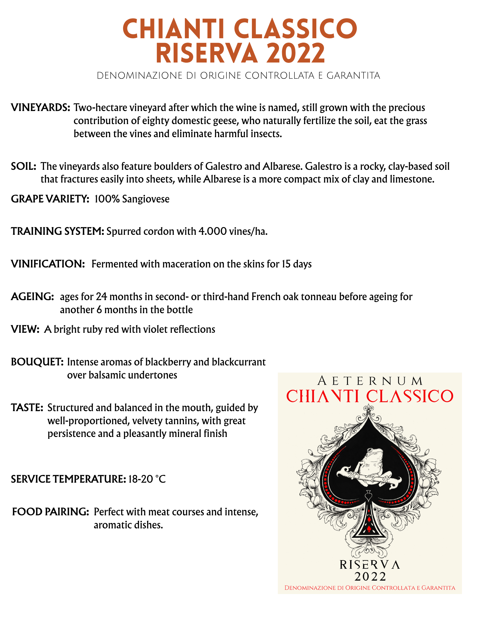 Wine label for Chianti Classico Riserva 2022 from Aeternum, featuring a large black spade symbol with a detailed illustration of a white snake inside a black shield, surrounded by ornate decorative elements, and text describing the wine's characteristics and best serving temperature.
