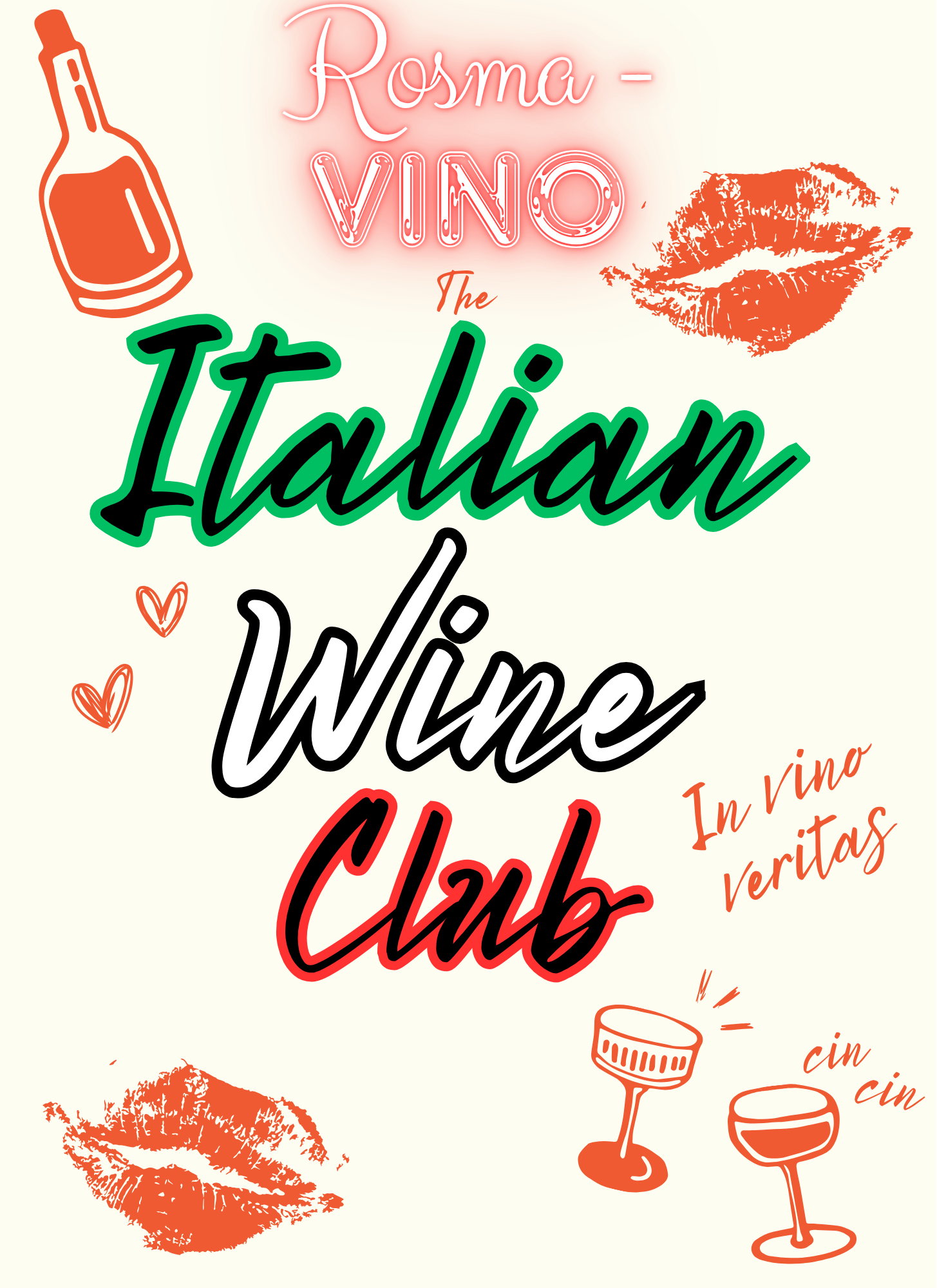 Sign with the text 'Roma-Vino The Italian Wine Club,' featuring illustrations of wine bottles, glasses, kissing lips, and small hearts.