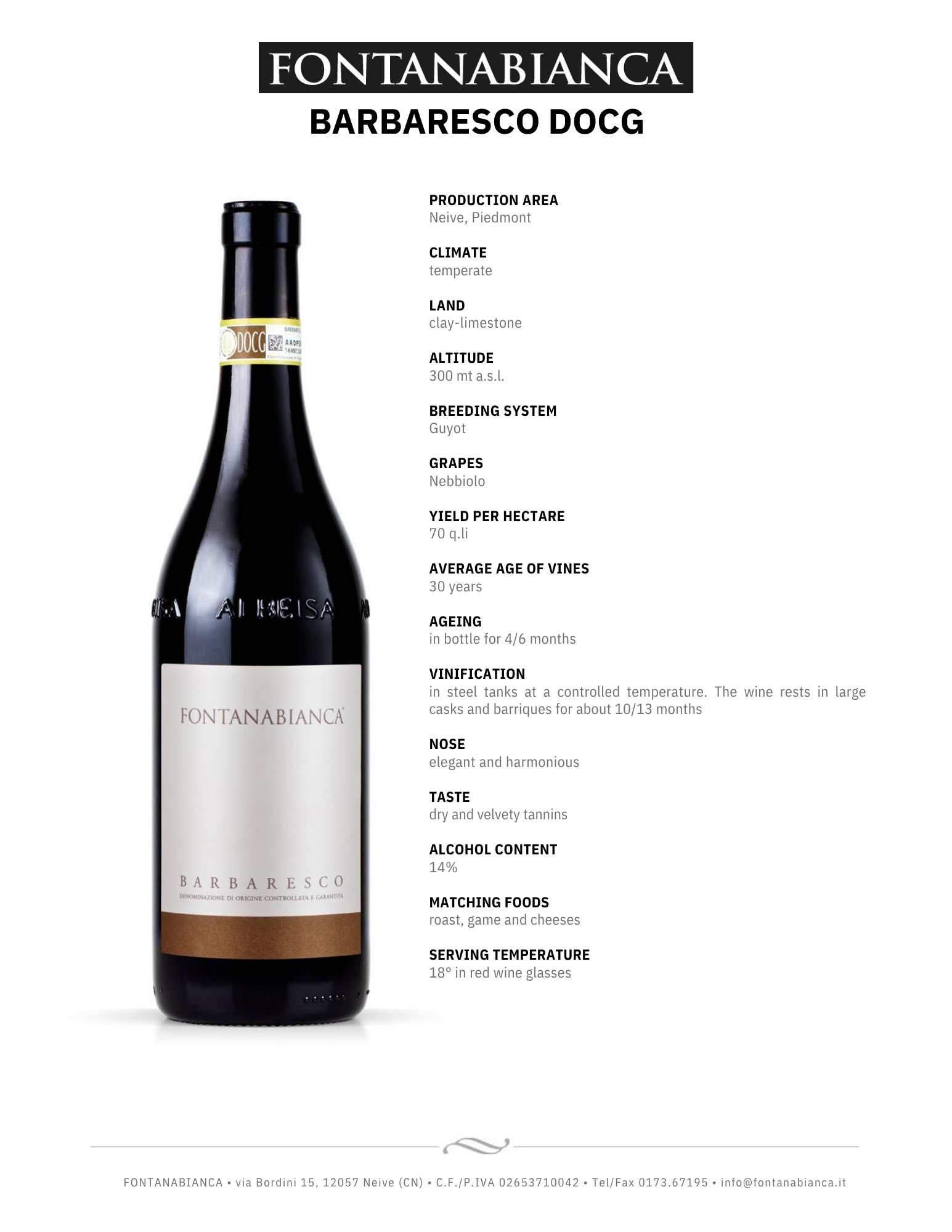 Bottle of Fontanabianca Barbaresco DOCG wine with production details listed beside it.