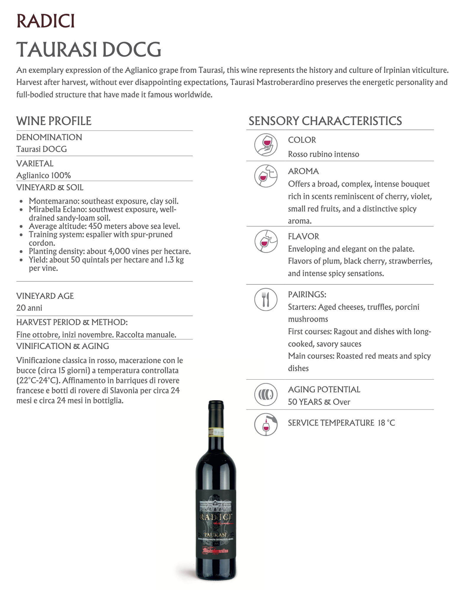 Wine bottle with a black label featuring the name 'Radici Taurasi' and an illustration of a building or palace, set against a white background with text providing wine details.