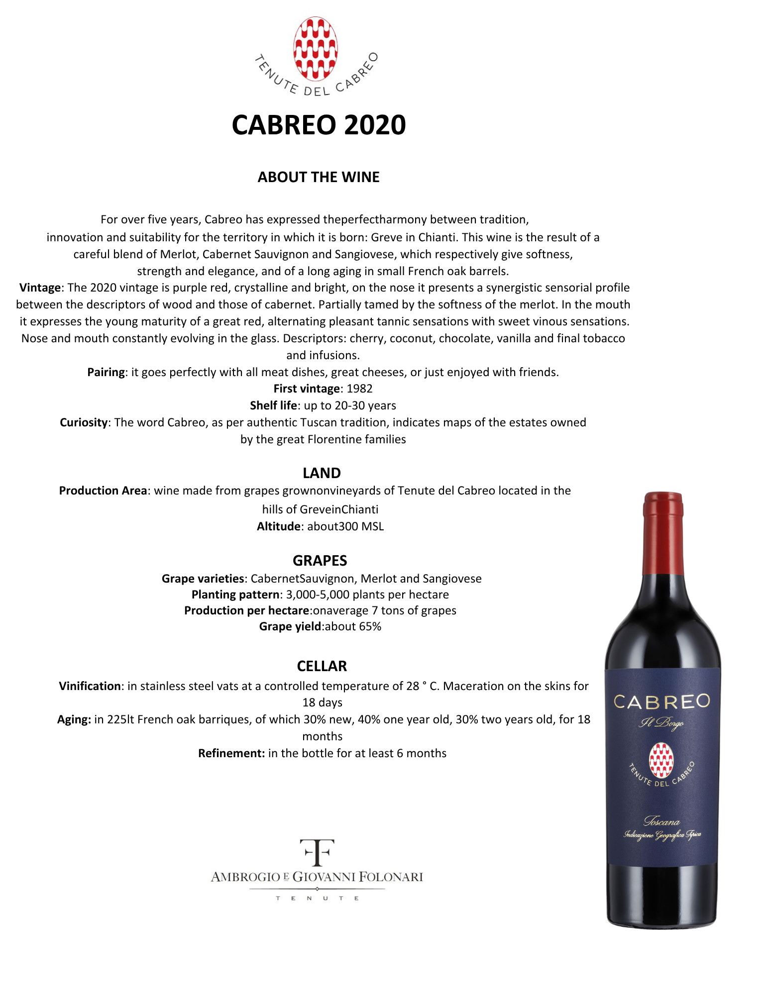 A wine label for Cabreo 2020, featuring a logo with a circular red and white pattern, with product details, tasting notes, and production information in black text on a white background, alongside a partial view of a wine bottle with a dark blue label and red foil capsule.