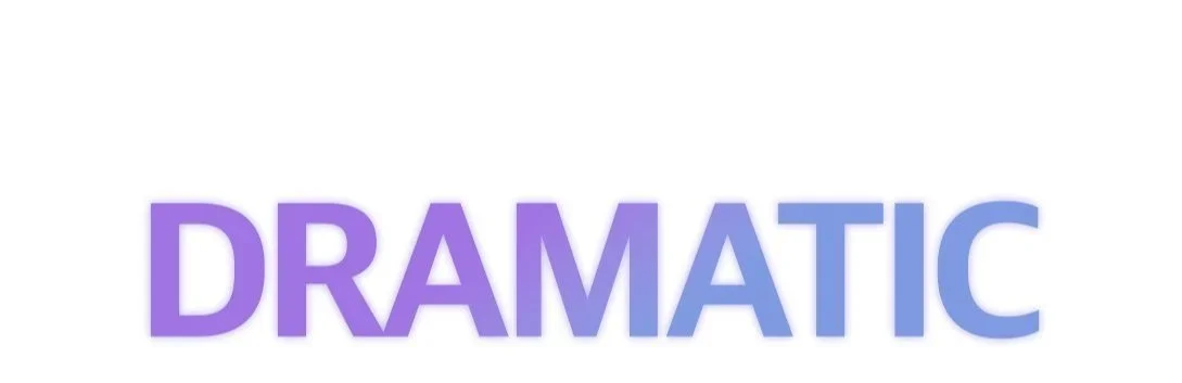 The word "DRAMATIC" written in large, bold, gradient purple and blue letters on a white background.