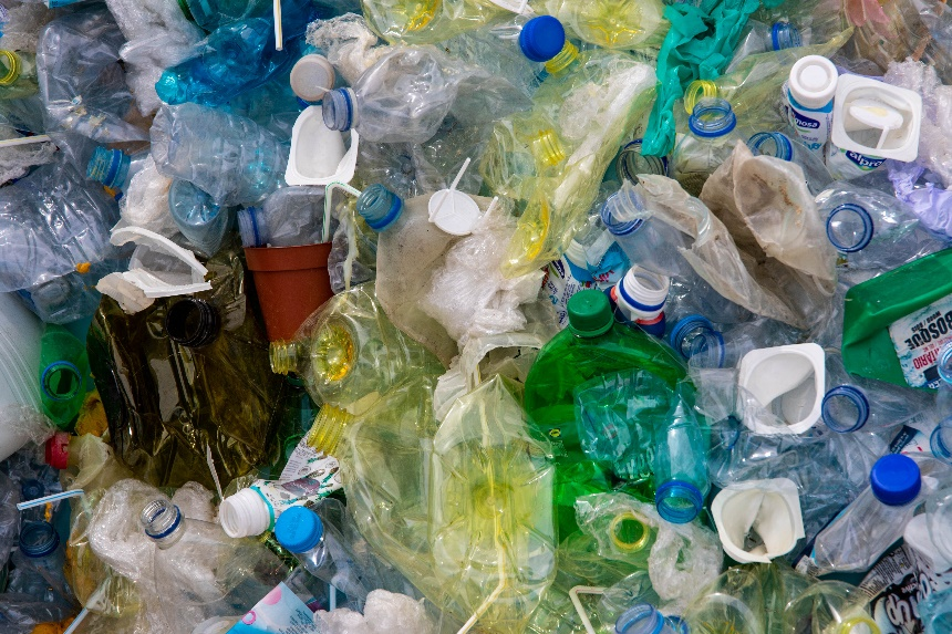 Plastic bottles dumped together for recycling