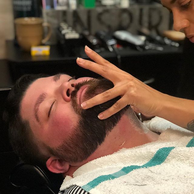 Indulge 💈🔪💈 yourself. 
#barberlife#ladybarber#beautiful_barbers#barbersalute#greenvillescbarbers#groomingspecialist#keepitcutthroat#getcut#faded#shave#fresh#menscut#razor#yeahthatgreenville#showcasebarbers#ruezel#euforahero#beard#barbersinctv#offi