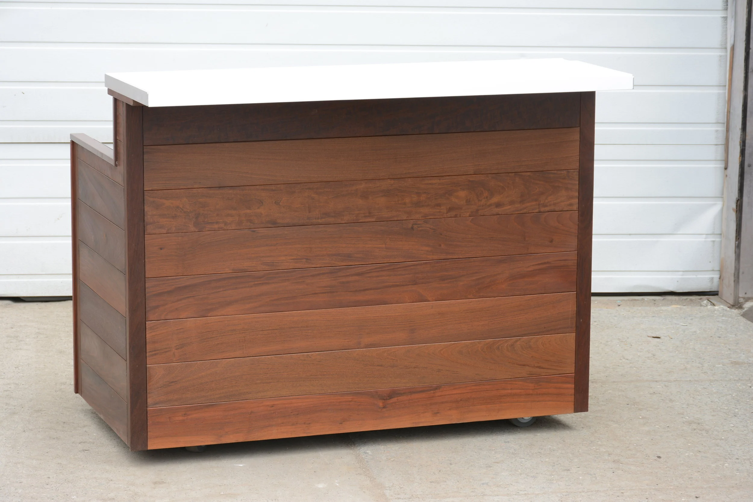 58” Bar with 30” Ice Well with Double Speed Rail and Refrigerator with white countertop
