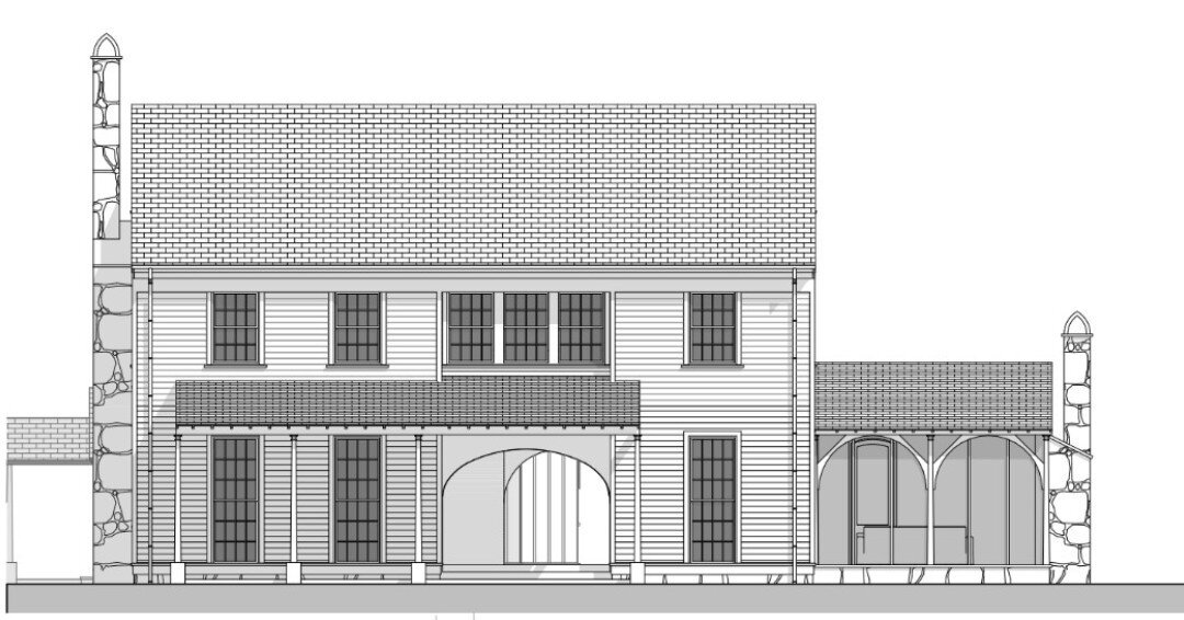 Our first custom house at Burton, a dogtrot form, is unfolding. 

The bedroom separated from the main living space by the open breezeway, on the right side of the front elevation, has its own screened porch and fireplace. This luxurious gesture towar