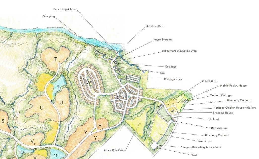 Scenes from a 1300-acre &quot;agritopia&quot; land plan where we fashioned the land around the existing site features, producing benefits for the natural world and human inhabitants. We chose to create hamlets out of 317 acres, preserving 76% of the 