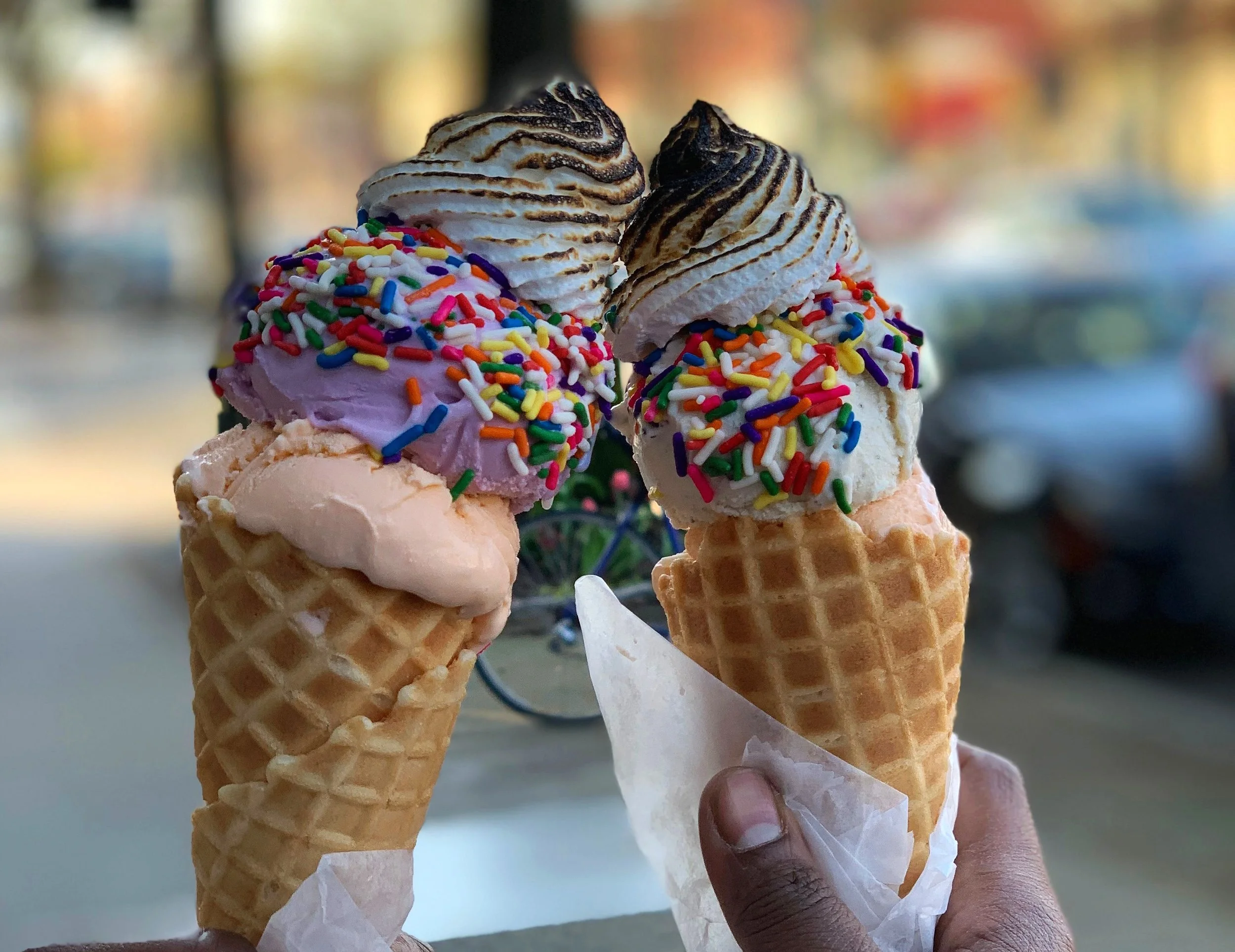 Two Scoops, Rainbow Sprinkles and Toasted Fluff inside Charm School’s housemade cones