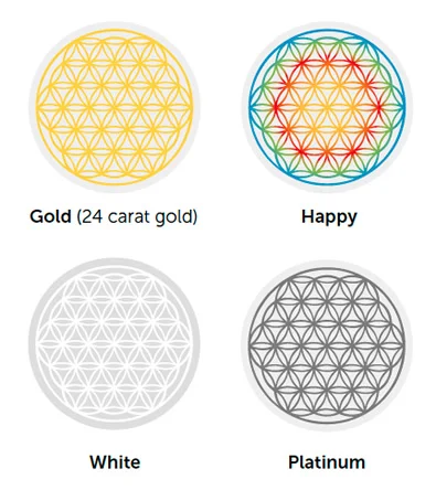 You will find these four color variations of the Flower of Life embedded in many of the Golden Ratio Products.