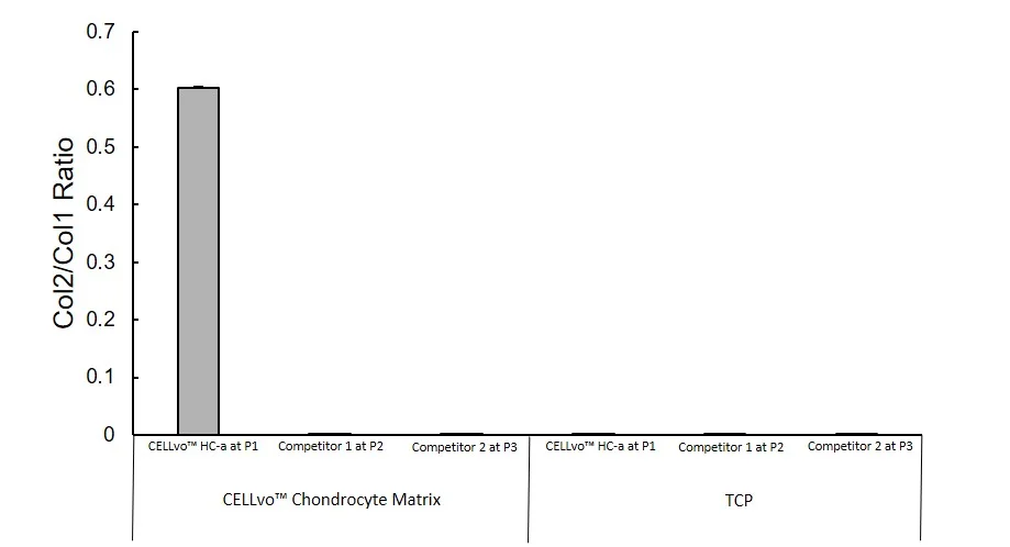 Figure 3. Relative gene expression of cells after culture on CELLvo™ CD Matrix or TCP. Gene expression was determined by the delta-delta Ct method. Expression of Col2 and Col1 was normalized to the housekeeping gene GAPDH. Preservation of chondrocyte phenotype is often expressed as a ratio of Col2/Col1.