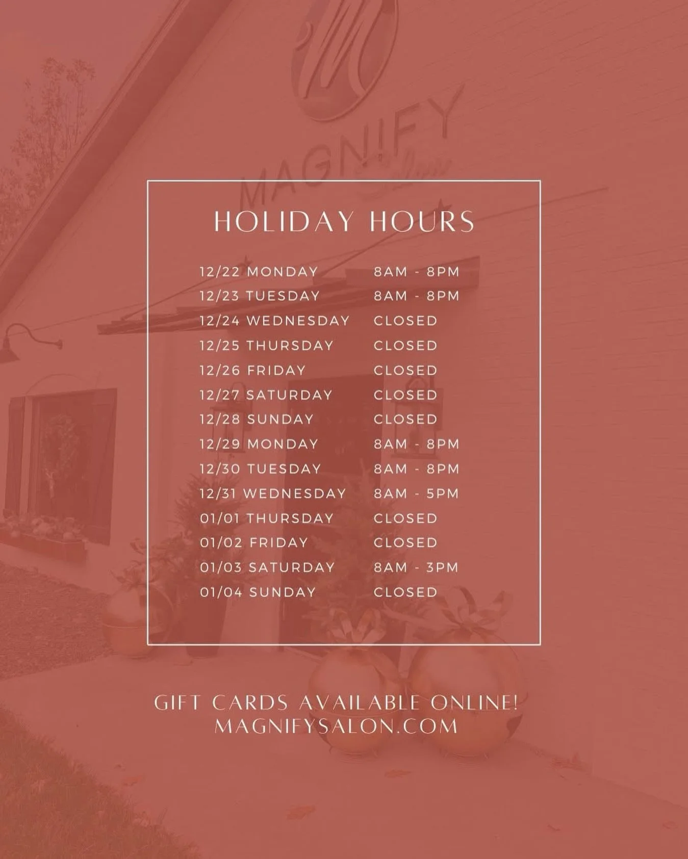 We&rsquo;re soaking in the joy of the season and looking forward to spending time with our loved ones! Please plan accordingly as we adjust our hours for the holidays.

✨ There are still TWO days to grab last-minute gifts before Christmas! P.S. Gift 